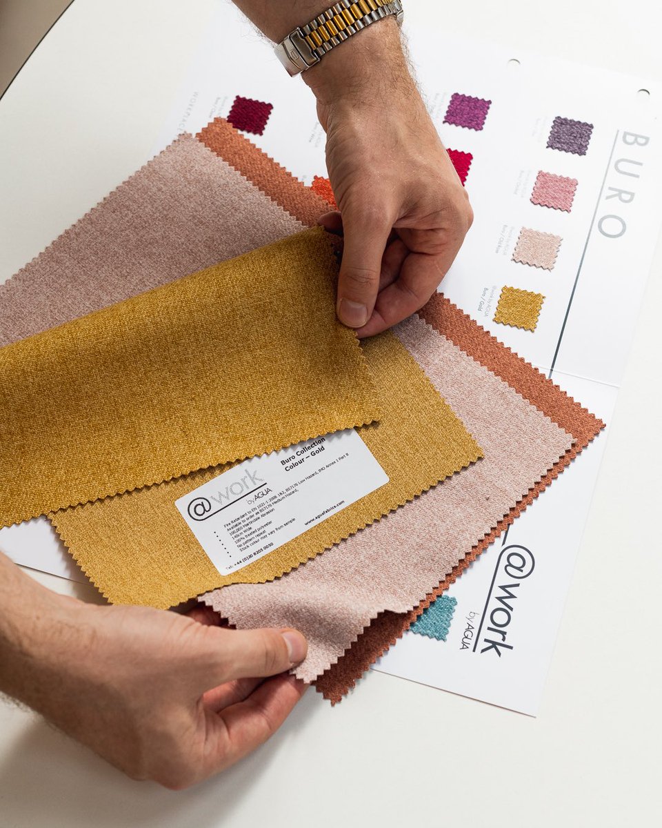 Comfort zone – introduce some cosiness to your next #office project with these warming tones from Buro; a soft, wool-like #performancefabric from our @ Work collection. Pictured here are shades Gold, Latte and Terracotta. To explore @ Work in full, visit aguafabrics.com/sectors/workpl…