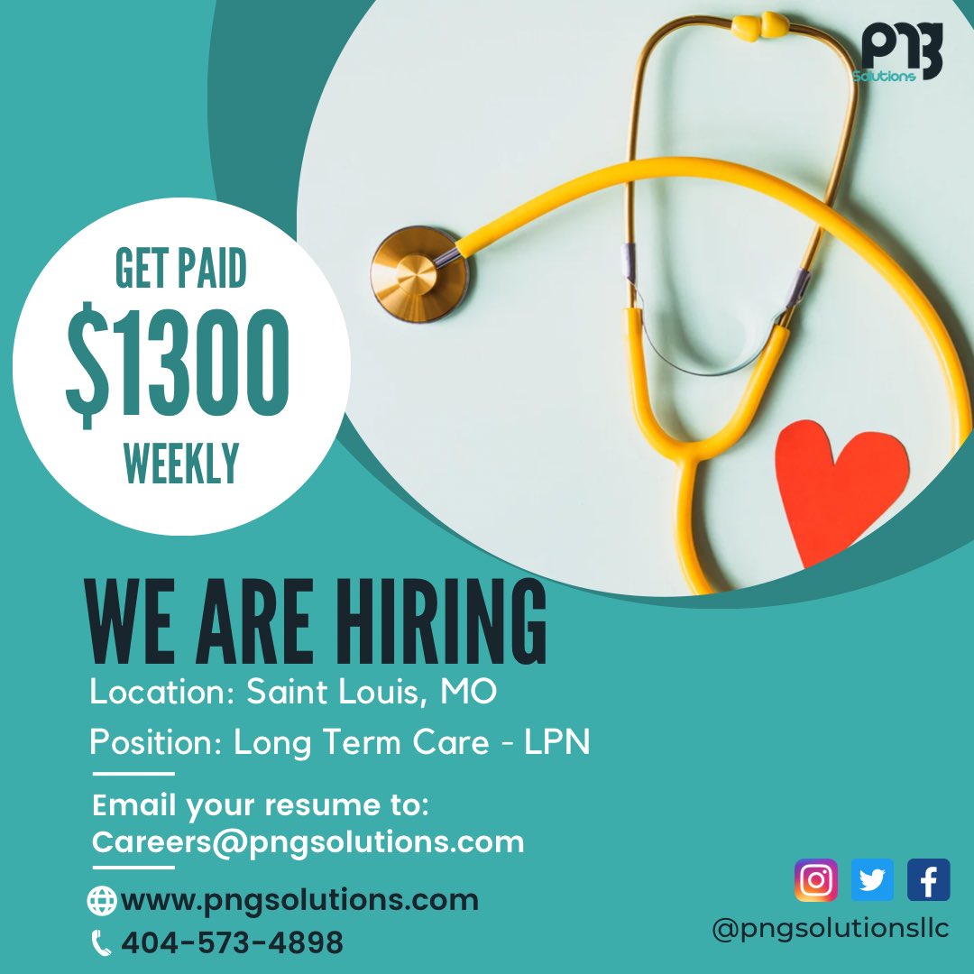 pngsolutionsllc's tweet image. Now Hiring! 

Saint Louis, MO
LTC - LPN
$1,300 Weekly

If interested, kindly send your resume to Jenny@pngsolutions.com

#pngsolutions #longtermcare #nursing #nurses #rn #lpn #healthcare #healthcareprofessionals #healthcareworker