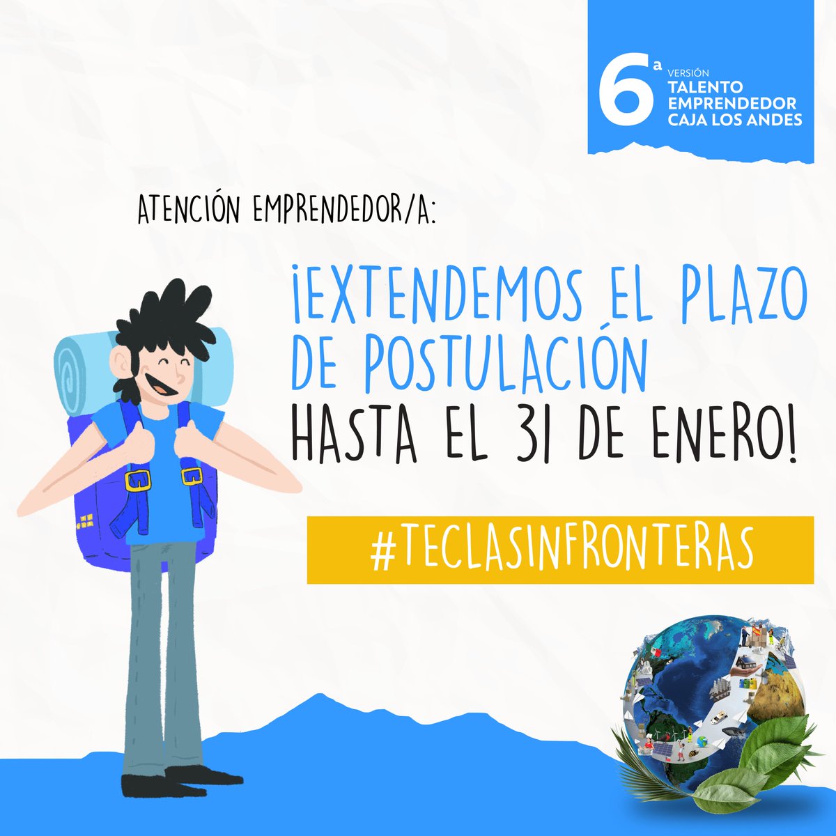 ¡Atención emprendedores y emprendedoras! 🙋‍♀️🙋‍♂️
Se extiende el plazo de postulación a TECLA 6! Ahora tienes hasta el 31 de enero a las 23.59 para postular en cajalosandes.cl/tecla