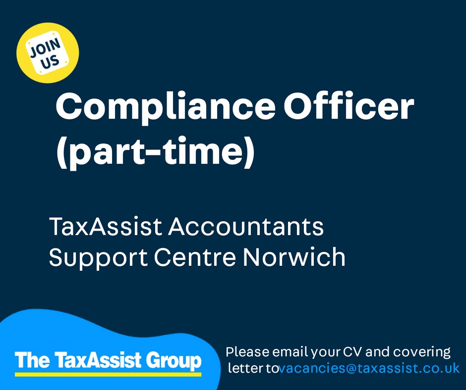 An opportunity has arisen to join the friendly #TaxAssist Support Centre team, based in Norwich, as a Compliance Officer (part-time) lnkd.in/eu99hwW3
#norwichjobs #hiring #hiringnorwich #compliance #compliancejobs #vacancies