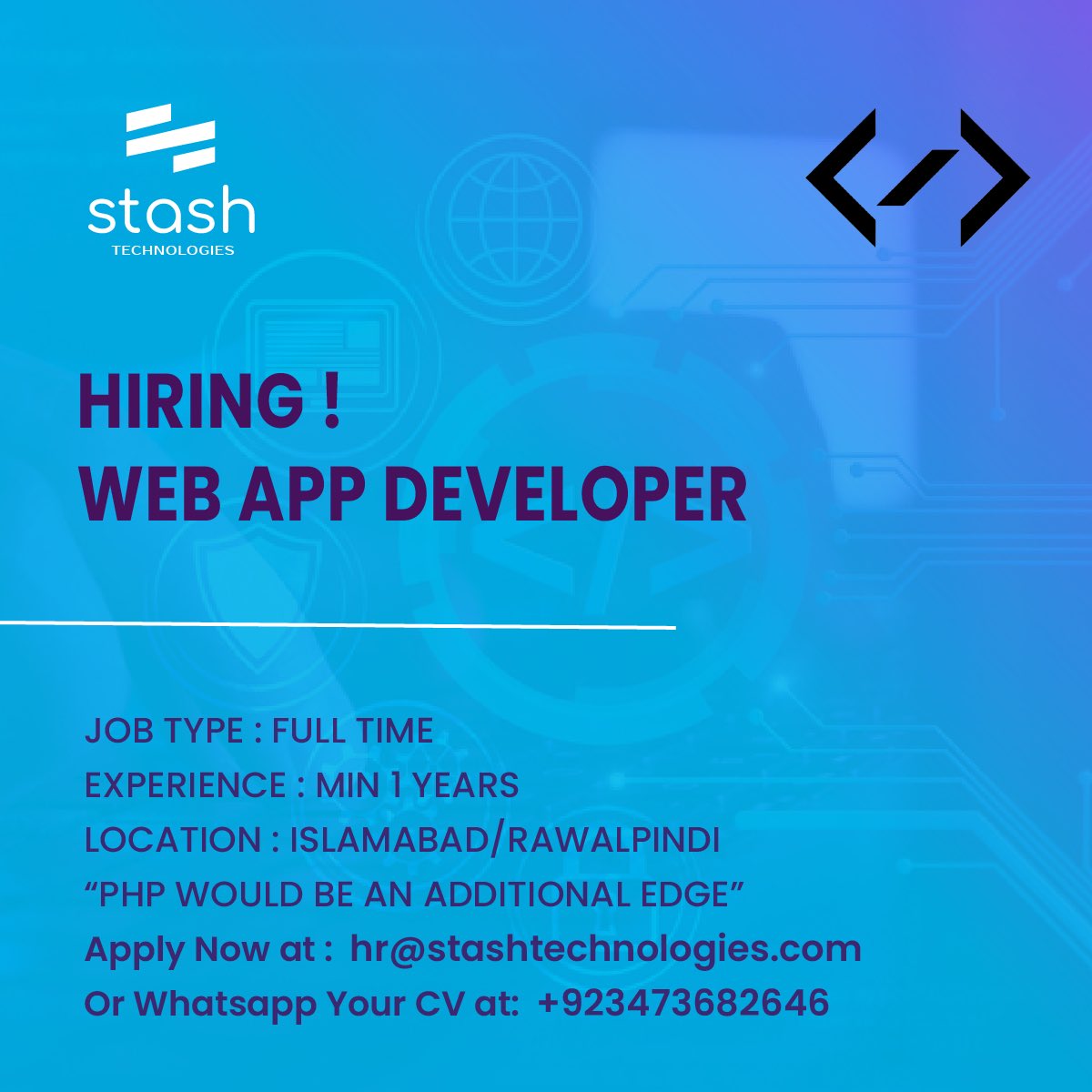 StashTechnology's tweet photo. WE ARE HIRING WEB APP DEVELOPER!

Apply Now at: hr@stashtechnologies.com
Or Whatsapp Your CV at: +92 347 3682646

#stashtechnologies #softwarehouse #techhouse #techcompany #technology #techtrends #itconsultancy #itservicescompany #digitalmarketing #webdevelopment #appdevelopment https://t.co/TNFyIk9ThQ