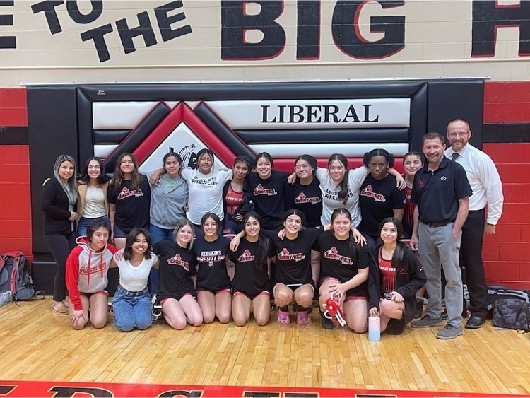LiberalRedskins's tweet photo. Liberal High School Lady Red wrestling team made history last night in “The Big House”. This is the first dual meet win in school history for the girls. https://t.co/OlWXt3EJX8