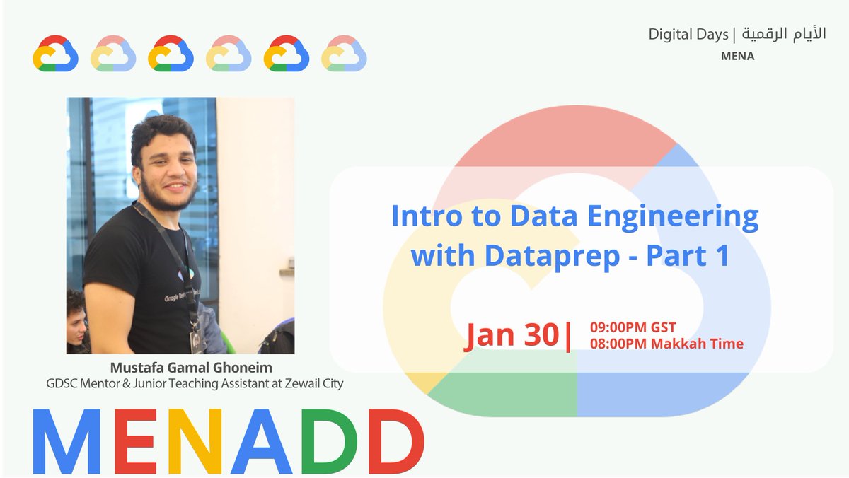 DevMENA1's tweet image. في محاضرة جديدة مع الأستاذ @mus_gamal_739 سنتعرف على #Dataprep، وهي خدمة بيانات ذكية لاستكشاف البيانات وتنظيفها وإعدادها بشكل مرئي للتحليل، إعداد التقارير، والتعلم الآلي.

محاضرة &quot;مقدمة في هندسة البيانات مع Dataprep&quot; الليلة على الساعة 9م بتوقيت دبي مباشرة:
youtu.be/0DvjV2B4dkI