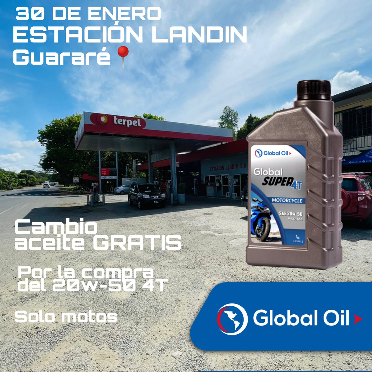 OilPanama's tweet photo. Este próximo lunes 30, estaremos en la @estacionlandin ubicada en Guararé📍

Por la compra de GLOBAL SUPER 4T 20W-50 JASO MA2 te hacemos el cambio de aceite GRATIS📢

Solo aplica para motos✔️

De 9:00am a 12:00md

Distribuidor @rsimportscompany_pty

#GlobalOilPTY #GlobalOil https://t.co/j0lC4aAxdA