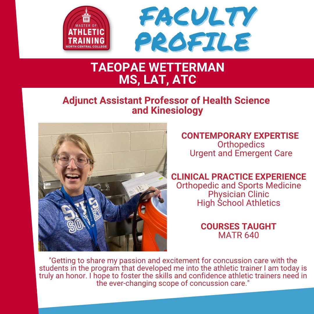 NC_ATP's tweet photo. Faculty Profile 👩🏫
Taeopae Wetterman (Class of 2015) brings her expertise & passion for concussions to our Special Topics class. She is also a preceptor for the program, working at St. Francis High School & Northwestern Medicine.
#athletictraining #WeAreNC #inspiredinstruction https://t.co/GcQLHx3wxy