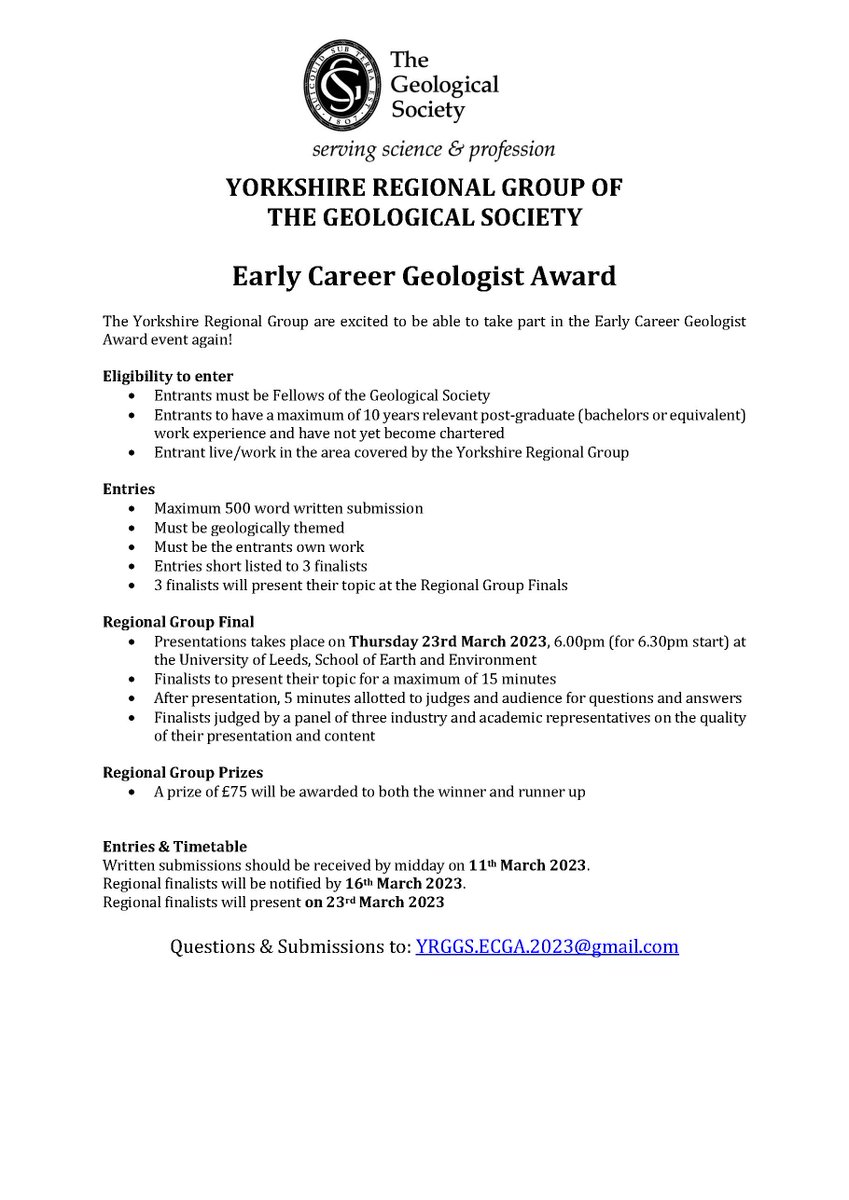 Applications are open for the Early Career Geologist Award 2023.

If you meet the criteria in the image, please do submit an entry, we would love for you to showcase your work!

Deadline for submissions is midday on 11th March 2023.

Good luck!
