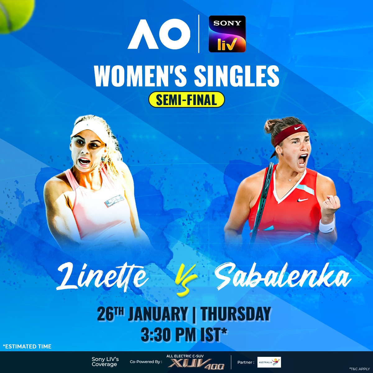 SonyLIV's tweet image. 🚨 #AusOpen 𝐒𝐄𝐌𝐈-𝐅𝐈𝐍𝐀𝐋𝐒 𝐓𝐈𝐌𝐄 🚨

🔘 #Rybakina 🆚 #Azarenka
🔘 #Linette 🆚 #Sabalenka

Predict the Women's Singles finalists &amp;amp; stream both these #AO2023 match-ups, LIVE on #SonyLIV!