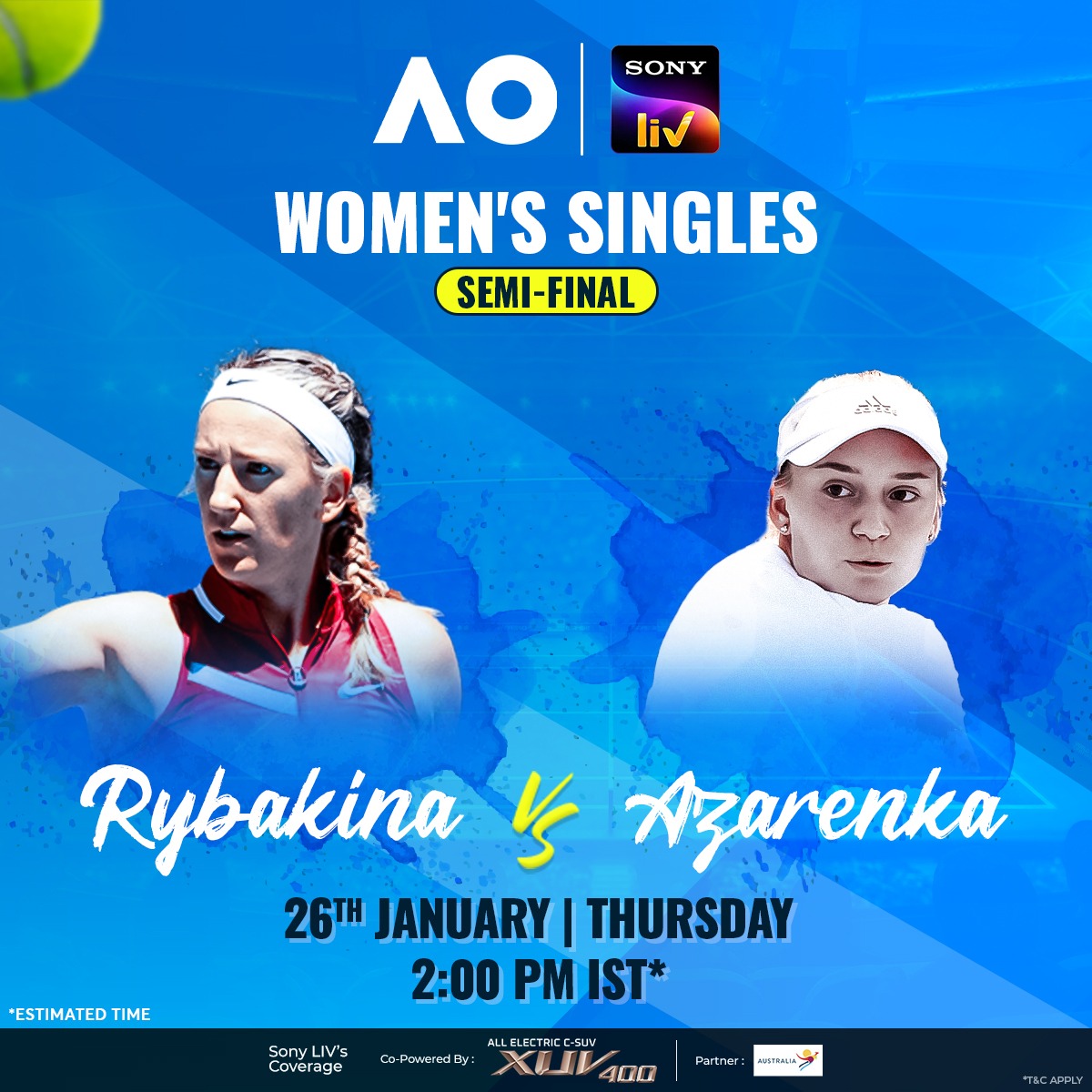 SonyLIV's tweet image. 🚨 #AusOpen 𝐒𝐄𝐌𝐈-𝐅𝐈𝐍𝐀𝐋𝐒 𝐓𝐈𝐌𝐄 🚨

🔘 #Rybakina 🆚 #Azarenka
🔘 #Linette 🆚 #Sabalenka

Predict the Women's Singles finalists &amp;amp; stream both these #AO2023 match-ups, LIVE on #SonyLIV!