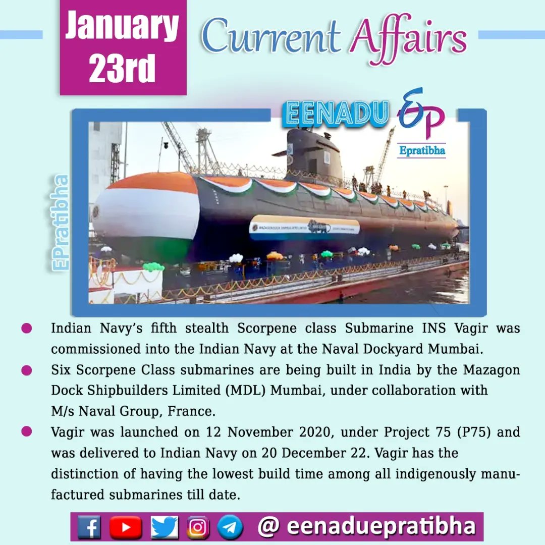 eenaduepratibha's tweet photo. January 23rd Current Affairs
#CurrentAffairs #ca #gk #DroupadiMurmu #PradhanMantriRashtriyaBalPuraskar #INSVagir #ParakramDiwas #NetajiSubhasChandra Bose #NABARD #competitiveexams #indianrailway #appsc #tspsc #police #ssc #cgl #chsl #mts #gd #bank #sbi #ibps
#eenadu #epratibha https://t.co/S02soG1LIa