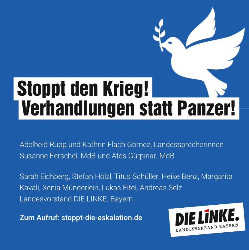 Unsere Landessprecherinnen <a href="/AdelheidRupp/">Adelheid Rupp</a> &amp; <a href="/kathigraphie/">Kathrin Flach Gomez</a> haben sich in der heutigen PM gegen die Lieferungen der #Leopard #Panzer ausgesprochen die-linke-bayern.de/aktuell/presse… &amp; zusammen mit vielen anderen den Aufruf stoppt-die-eskalation.de unterschrieben.