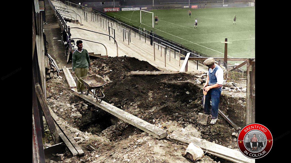 beesincolour's tweet photo. Works at Griffin Park. Refinement of the Ealing Road standing area at the junction of New Road, summer 1935 #BrentfordFC #Brentford #Beesincolour https://t.co/d53bo3EKIA