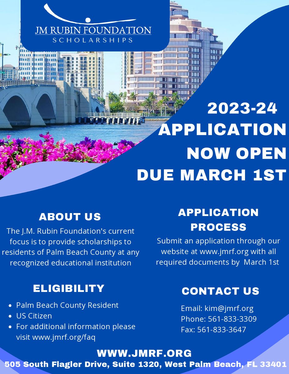The J.M. Rubin Foundation Scholarship application is now open at jmrf.org with a deadline of March 1, 2023 for the 2023-24 academic year.
