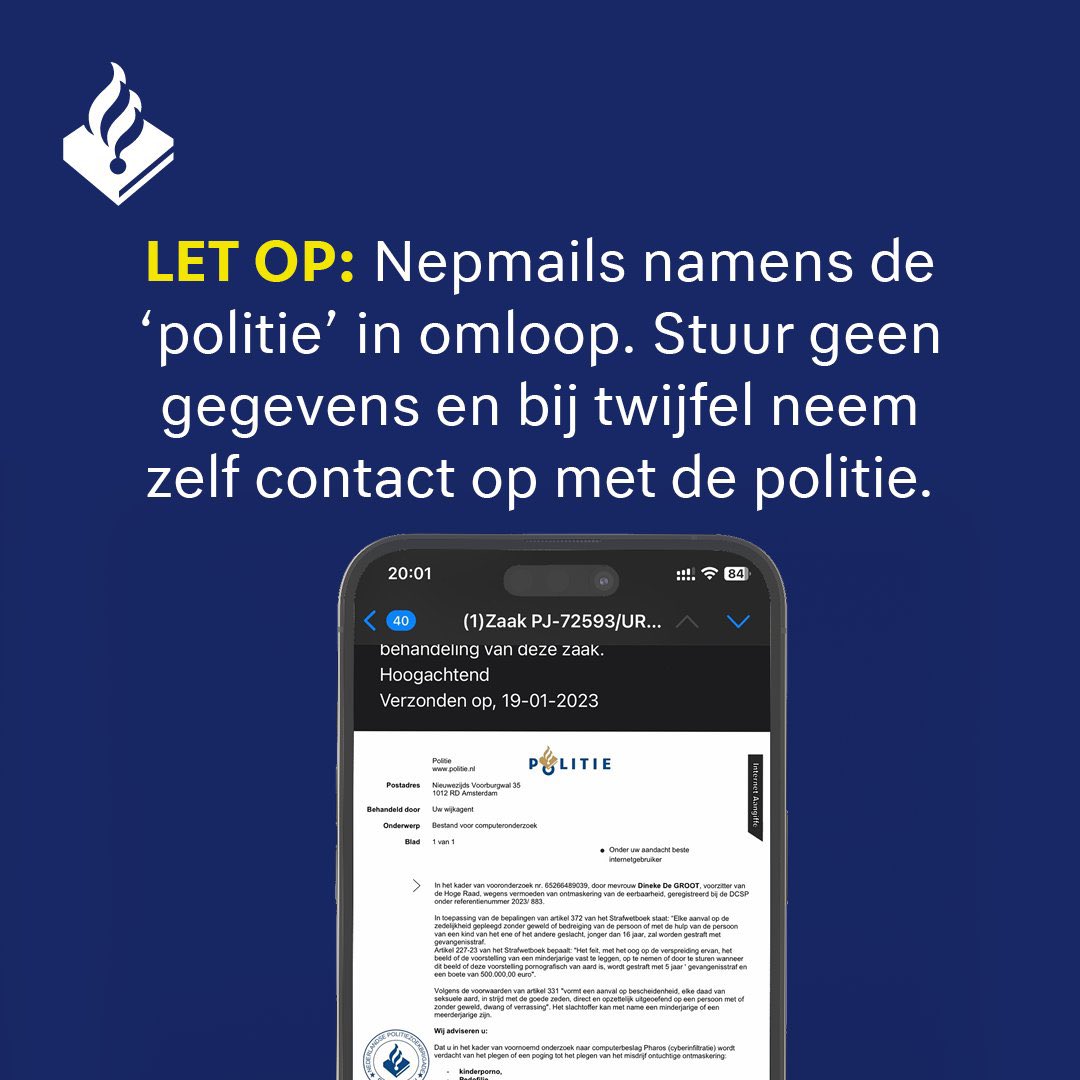 WA_midden_LWD's tweet photo. ⚠️ 𝗟𝗲𝘁 𝗼𝗽! ⚠️ 
Er worden mailings verstuurd uit naam van de politie.
In deze e-mails wordt gevraagd om handelingen uit te voeren. De politie vraagt je nooit dit te doen! 
Klik niet op de links of bijlagen, maar stuur de mail naar: valse-email@fraudehelpdesk.nl #PolLWD https://t.co/52Kh4Slngm
