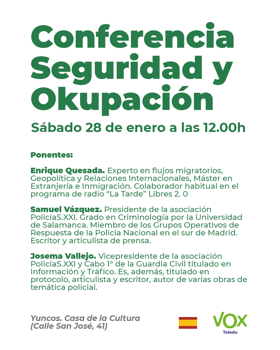 🟢 VOX organiza en Yuncos una conferencia sobre ocupación y seguridad.

🗣 <a href="/dariveg/">Daniel Arias Vegas</a>: "Toledo no puede ser una provincia sin Ley y sólo VOX tiene la firme decisión de acabar con este grave problema".

voxespana.es/noticias/vox-o…