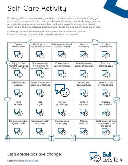 Today is Bell Let's Talk day. Challenge yourself to complete as many Self-Care Activities as you can! #BellLetsTalkDay #selfcare <a href="/ddwhdsb/">Dr. David R. Williams Public School</a>