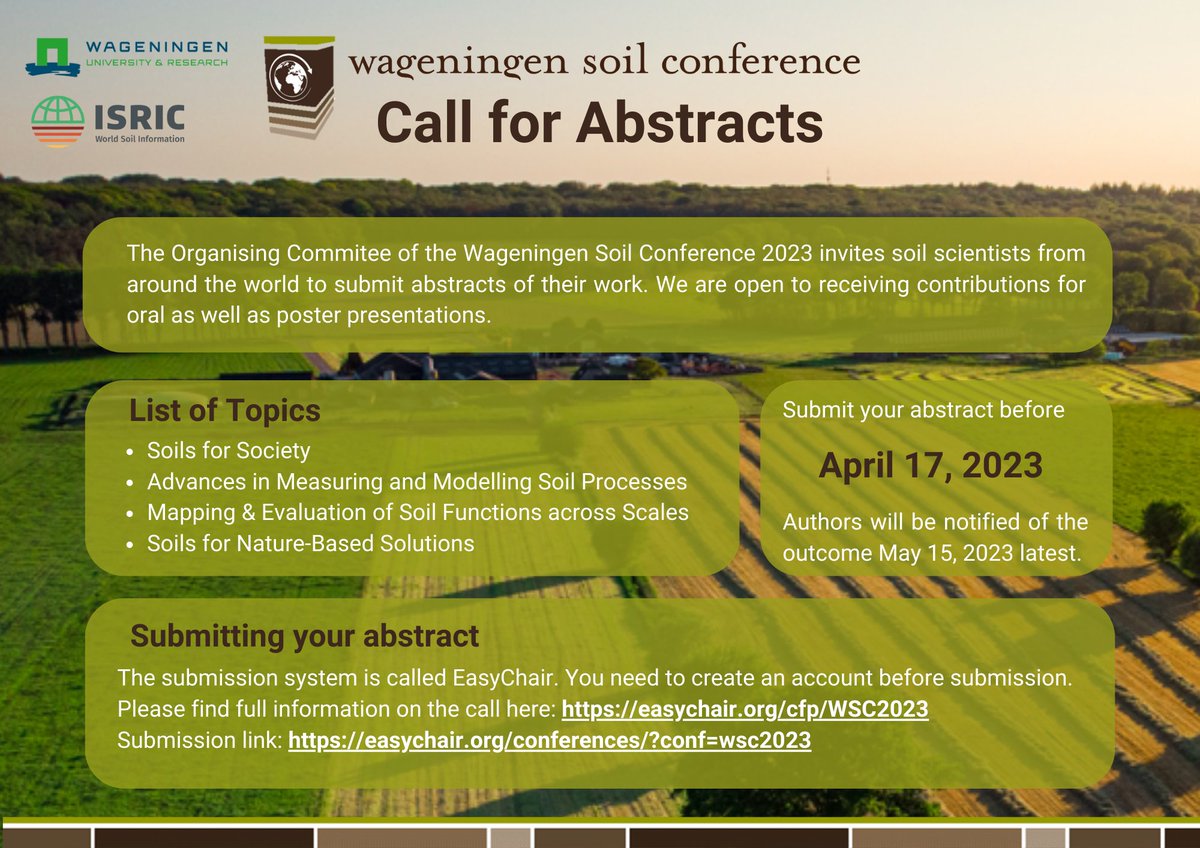 WageningenSoil's tweet photo. 📌Reminder: the 2023 Wageningen #Soil Conference (Aug 28 - Sept 1) "Call for Abstracts" is open until April 17.
See list of topics and full submission details: https://t.co/dXFuXOFAMK @ISRICorg @sgl_wur @SLM_WUR @WUR #soilscience https://t.co/1glvfk6GlK