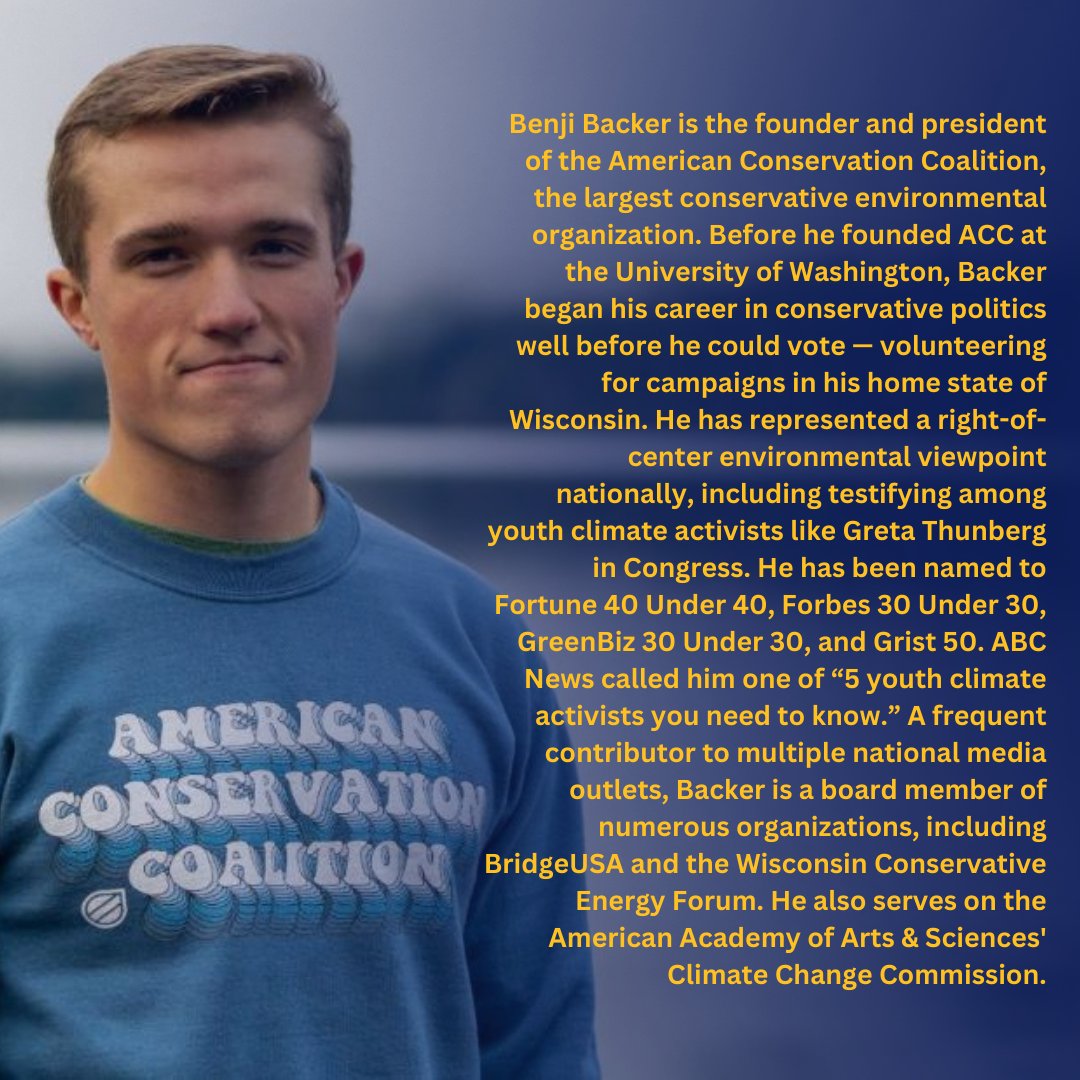 We can't wait for <a href="/BenjiBacker/">Benji Backer</a> from The American Conservation Coalition to join us <a href="/MarquetteU/">Marquette University</a> next Thursday to talk about how young people can be the difference for climate action.