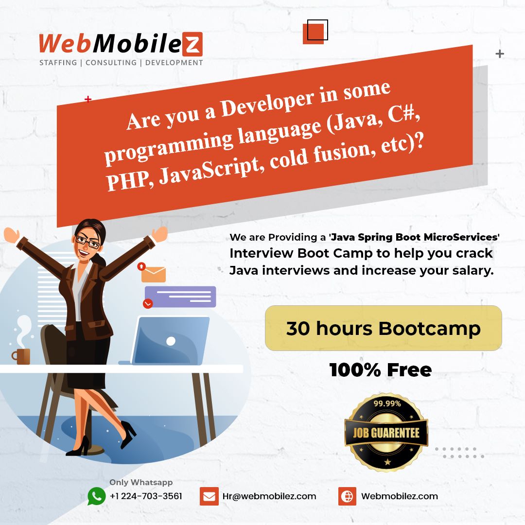 WebmobileZ's tweet image. FREE Java bootcamp started for 30hours in USA.
Please let me know if you have any questions +12247033561 (whatsapp)
Learn Here: youtu.be/6iaLAGHoJHk
#javaprogramming #bootcamp #javabootcamp #webmobilez #devloper #WednesdayMotivation #wednesdaythought
