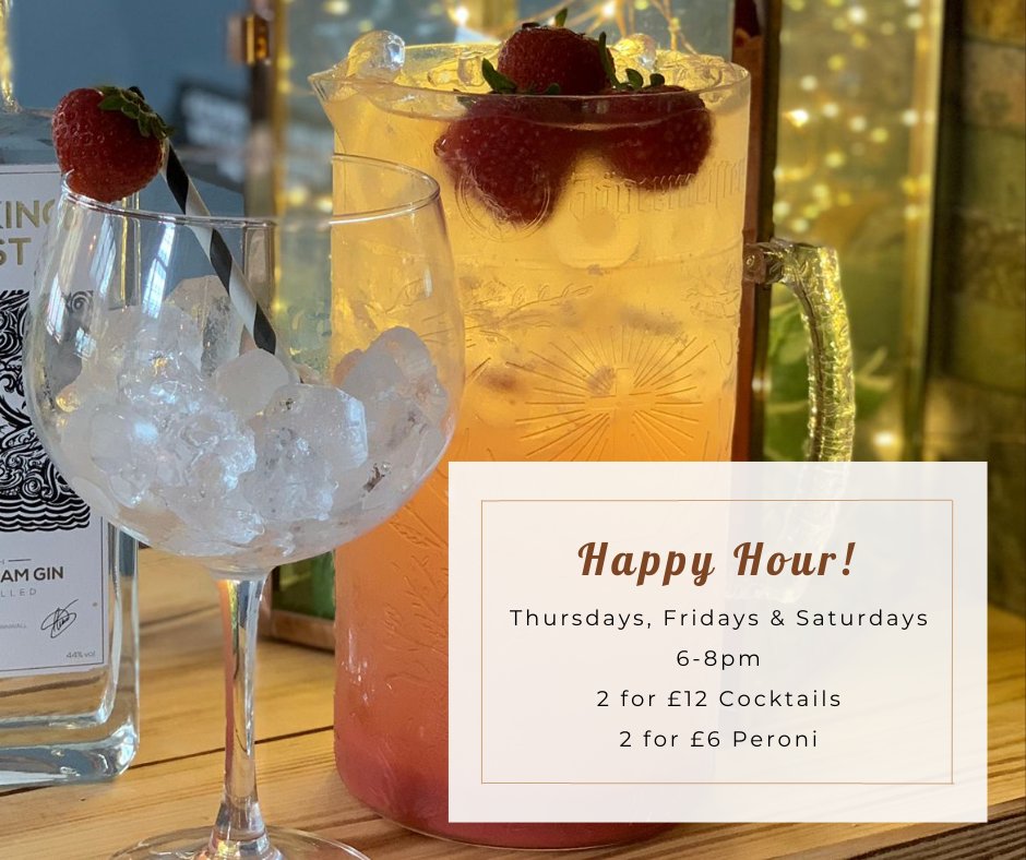 BudeFive's tweet photo. 2 fave words... #HappyHour!

Thursdays, Fridays &amp; Saturdays, 6-8pm, some special deals for you lovely lot✌️

Cocktails - 2 for £12
Peroni - 2 for £6

Open:
Thurs &amp; Fri: 4pm - late
Sat: 12pm - late

Okay maybe we should call it "Happy Hour and a bit"... 😜
#ThirtyFive #Bude https://t.co/feaENtEQLq