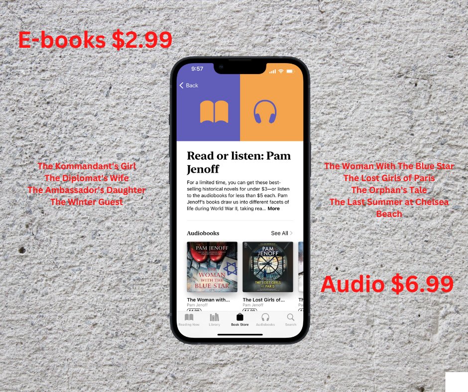 PamJenoff's tweet photo. Amazing news! For a limited time, in advance of the release of CODE NAME SAPPHIRE, eight of my previous books are on sale! Ebooks are $2.99 and the audio books are $6.99. https://t.co/J6tt6MZEAw or on #kindle. #pamjenoff #histfic #ww2 @parkrowbooks @htpbooks @harlequinbooks https://t.co/d4v8xpbMnc