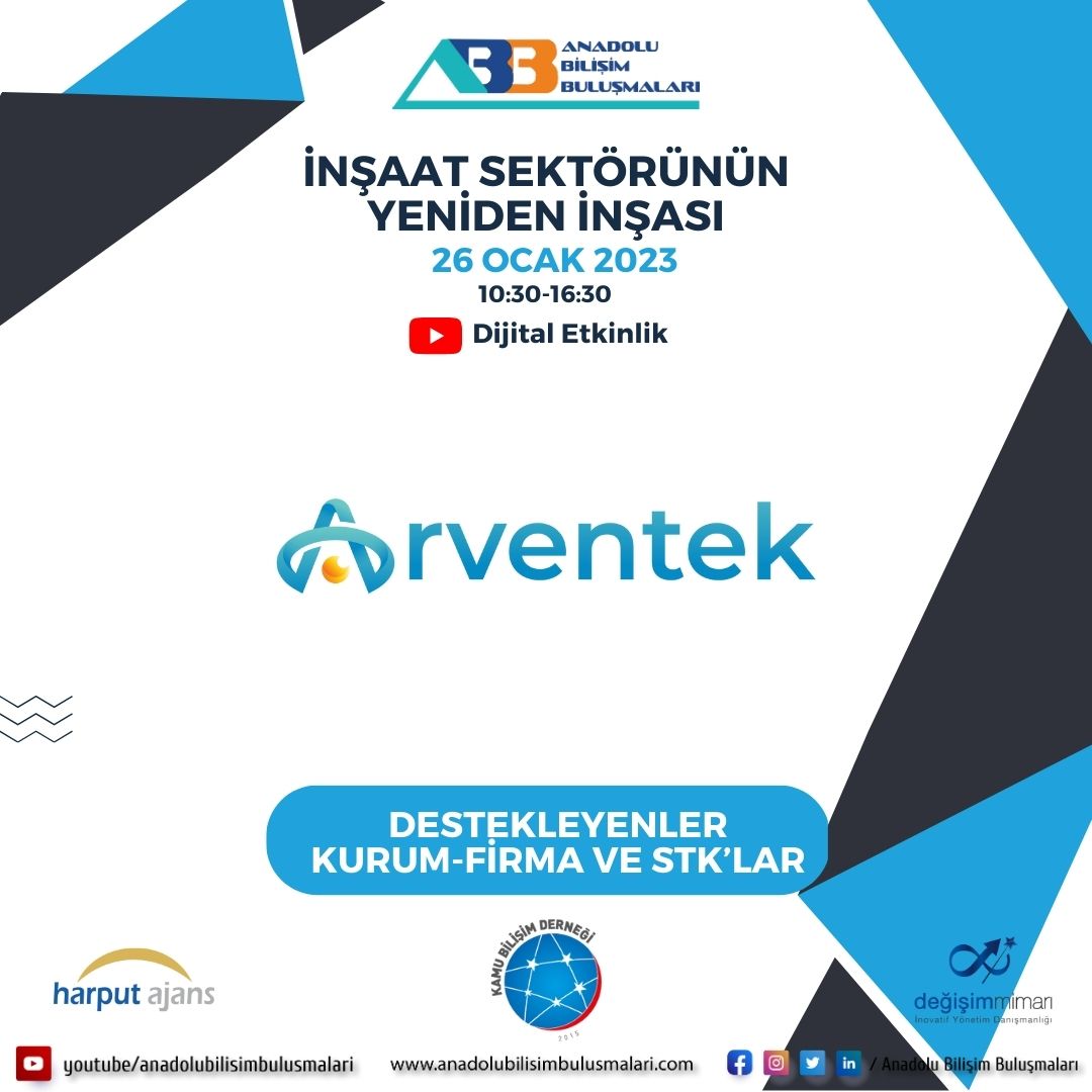 26 Ocak Perşembe günü "İnşaat Sektörünün Yeniden İnşası" için teknoloji geliştirenler ve dijital dönüşüm süreçlerine katkı sağlayanlar olarak #Anadolubilişimbuluşmaları 'nda Arventek olarak yer alıyoruz. 

Canlı Yayın Linki: lnkd.in/d6ugGuhM
13:40 - 14:40