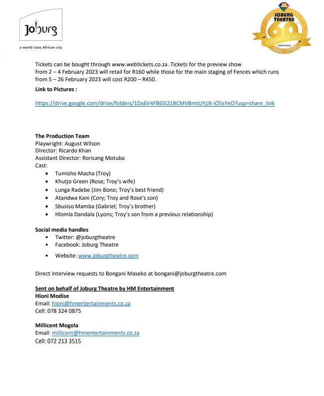 ❗️❗️❗️ALERT ALERT❗️❗️❗️❗️
Joburg Theatre Announces changes to the cast of August Wilson's #FENCES