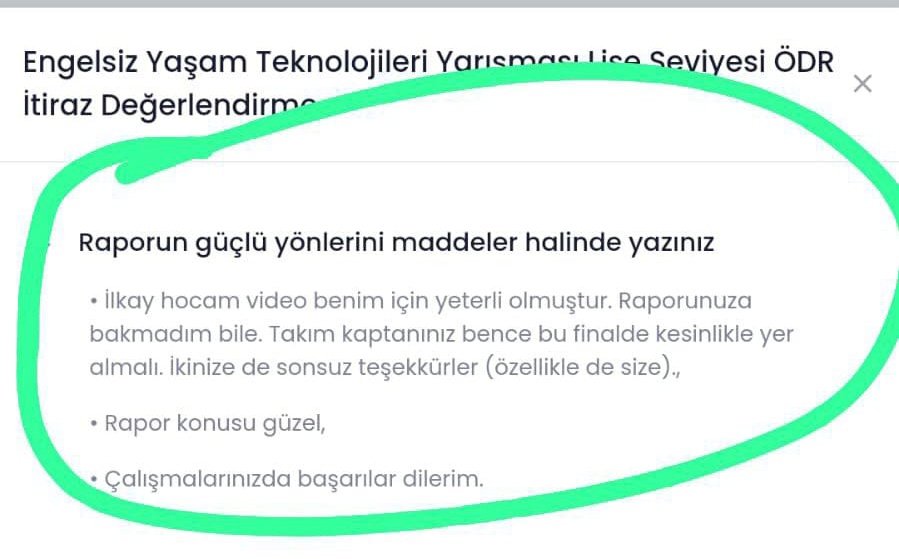 Teknofest 2023'te bu güzel hakem notu ile üst tura yükseldik 😊 <a href="/TurhalMem/">TurhalMem</a> <a href="/turhalkaymakami/">Turhal Kaymakamlığı</a> <a href="/tokatmem/">Tokat İl Milli Eğitim Müdürlüğü</a> <a href="/tokatvaliligi/">Tokat Valiliği</a> <a href="/teknofest/">TEKNOFEST</a> #Teknofest