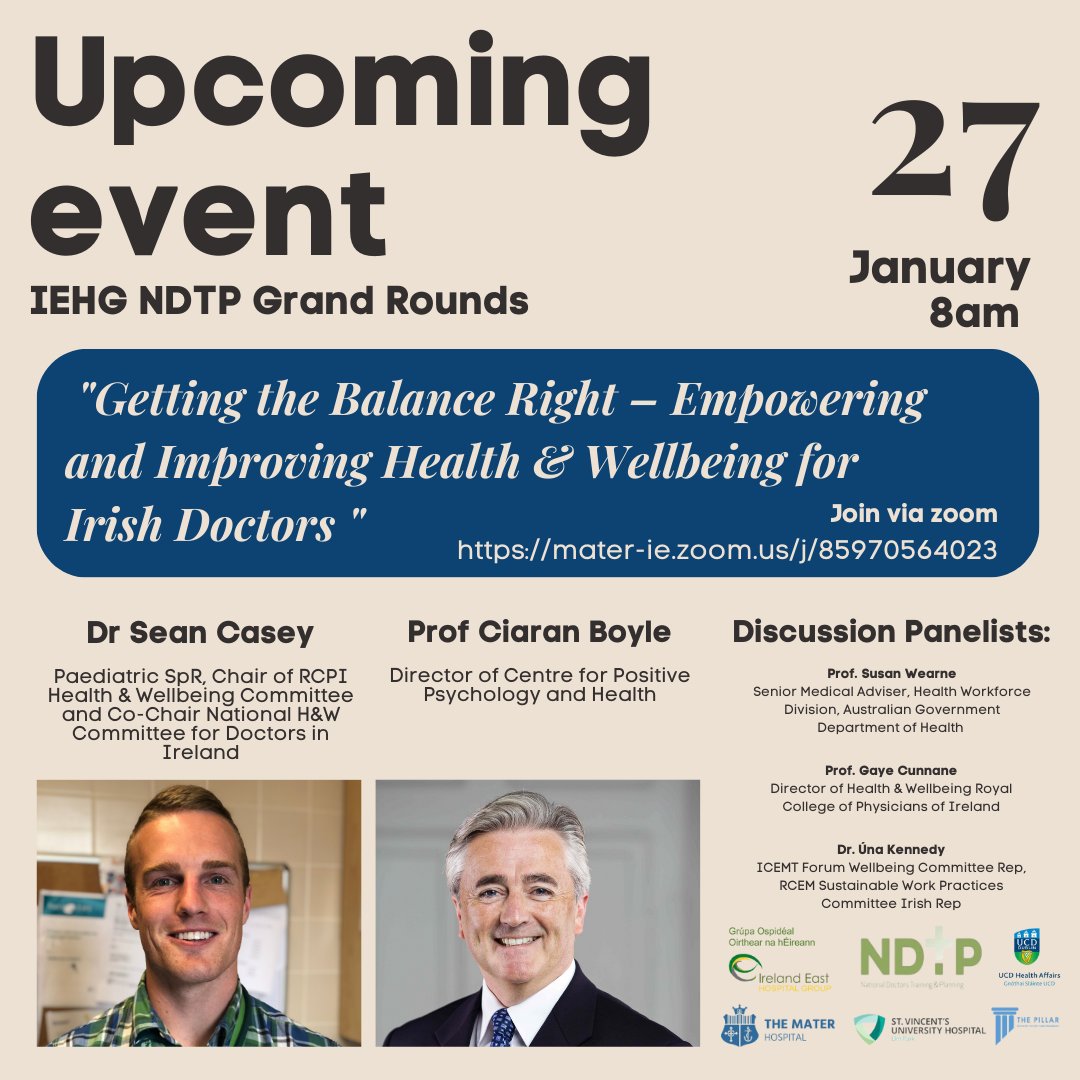 Check out @IEHospitalGroup Grand Rounds this Friday January 27th at 8am via zoom mater-ie.zoom.us/j/85970564023

Listen to experts in the area of Health and Wellbeing. It promises an interesting panel discussion!