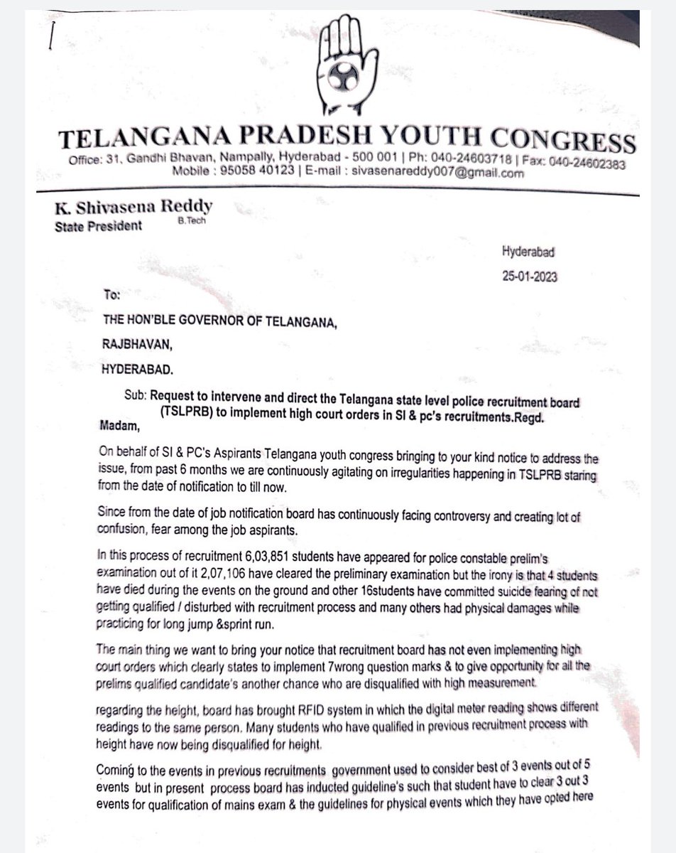 IYCTelangana's tweet photo. Given Memorduem To @DrTamilisaiGuv  Garu Requesting to intervene and direct Telangana State level Police Recruitment Board to implement High Court orders in SI &amp; PC's Recruitment..
@Allavaru @IYC @srinivasiyc @revanth_anumula @Manikrao_INC @NsBoseraju @nadeeminc https://t.co/te4ubDeXk7