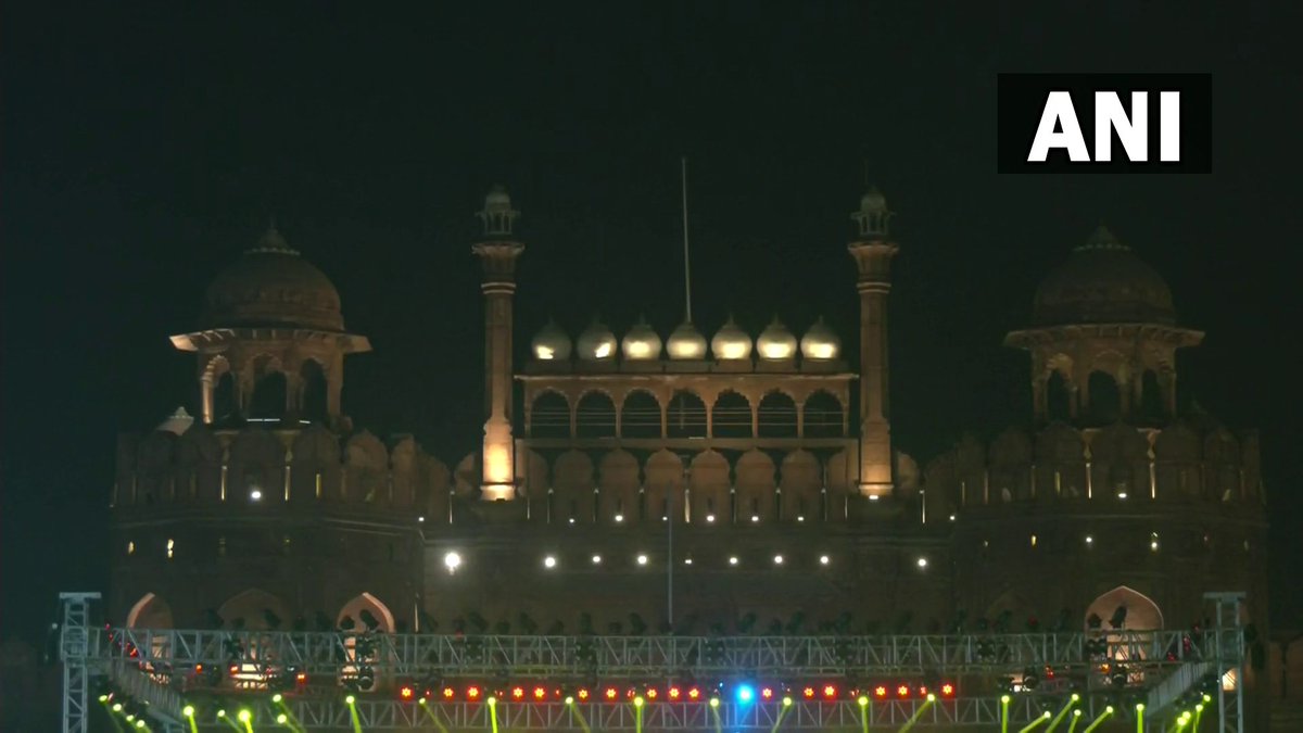 ANI's tweet photo. Delhi | Red Fort and the area around illuminated on the eve of #RepublicDay2023 https://t.co/luJwwKn1NZ