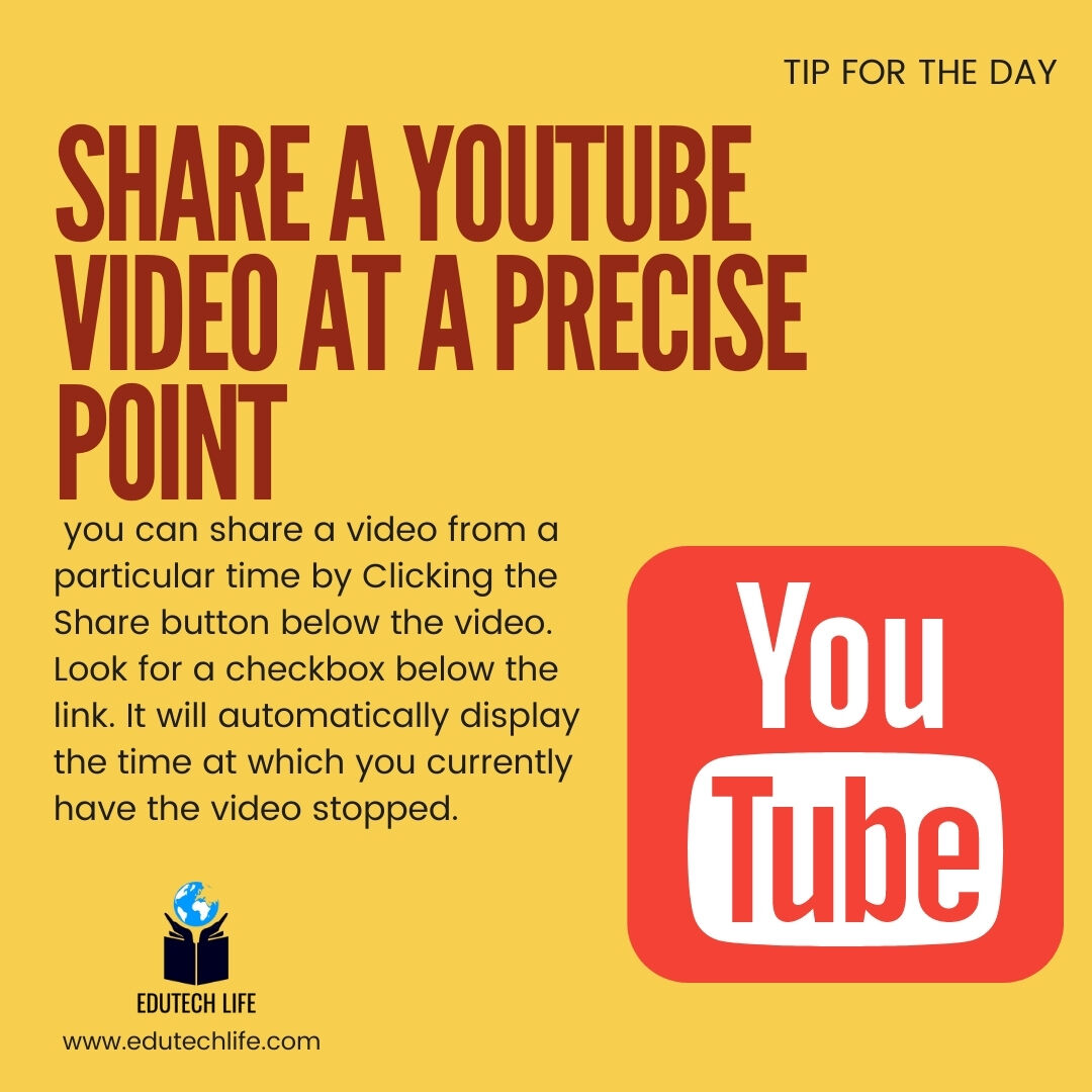 EdutechLife's tweet image. This week we are going to give you some quick quirky and fun trivia that could come in handy.

Tip : Share a youtube video at a precise point

 #technicalworkshops #edutechlife #trainings #biologicalworkshop #workshops #TechnologyTraining