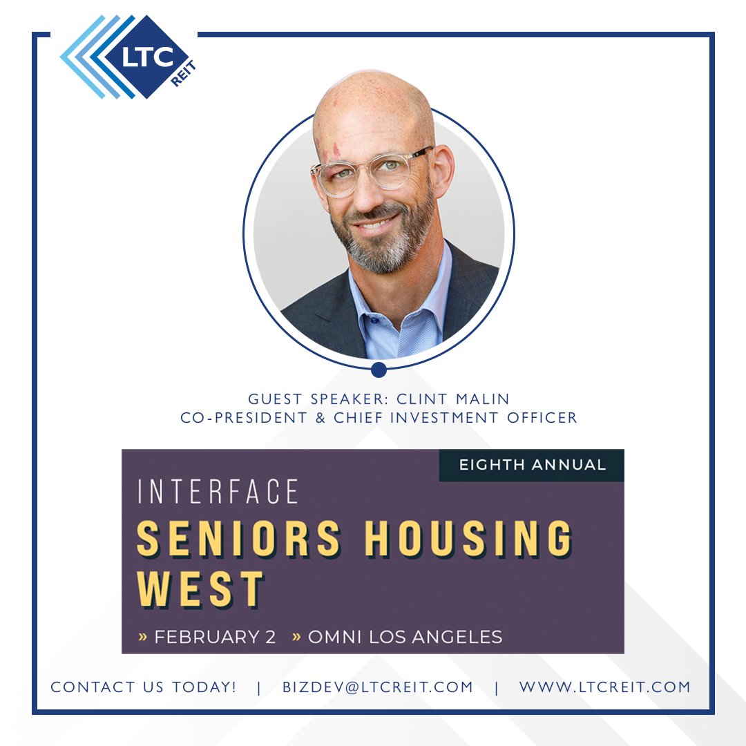 LTCreit's tweet photo. LTC is thrilled to be represented by Clint at the InterFace Senior Housing West conference on February 2nd. Clint will be speaking on the panel discussion - Investment Market Update: Who’s Buying, Who’s Selling, and Transaction Trends. https://t.co/wcQe6nN0S4