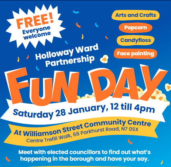 IslingtonLife's tweet photo. Meet your #Holloway councillors at a community fun day on Saturday 28 January at Williamson St Community Centre, N7 0SX 👋🥳 

Come for: info on local #jobs, #training and opportunities 

Stay for: arts and crafts, face panting, candy floss and popcorn!

#Islington #Community https://t.co/5uVej9j6Q5