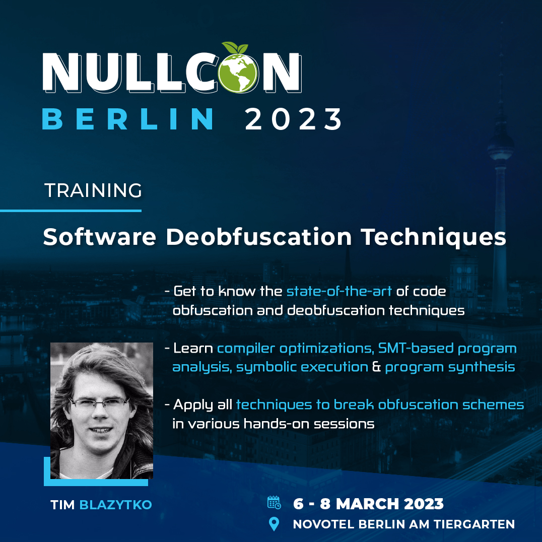 nullcon's tweet image. 💡Learn in-depth about state-of-the-art of 💻#codeobfuscation &amp;amp; deobfuscation techniques to find out how it complicates #reverseengineering from this hands-on training by Tim @mr_phrazer 

🛡️Register to Upskill➡️bit.ly/3WsTmno

#NullconDE2023 #infosec #Cybersecurity