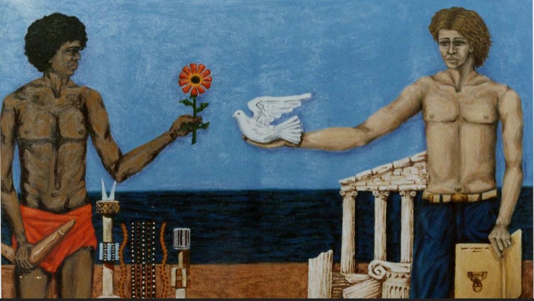 Karamarkos's tweet photo. #AustraliaDay/#SurvivalDay 2023. A Friendly Promise is a #painting by #GreekAustralian artist #NikosSoulakis. #culture #history #Australia #IndigenousAustralia #firstnationpeoples #alwayswasalwayswillbe https://t.co/Nn6ZylbndP