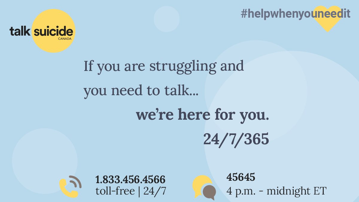 On #BellLetsTalk day and every day, if you need to talk, we are here to listen.
📞 1.833.456.4566 any time
💬 45645 4 p.m. – midnight ET