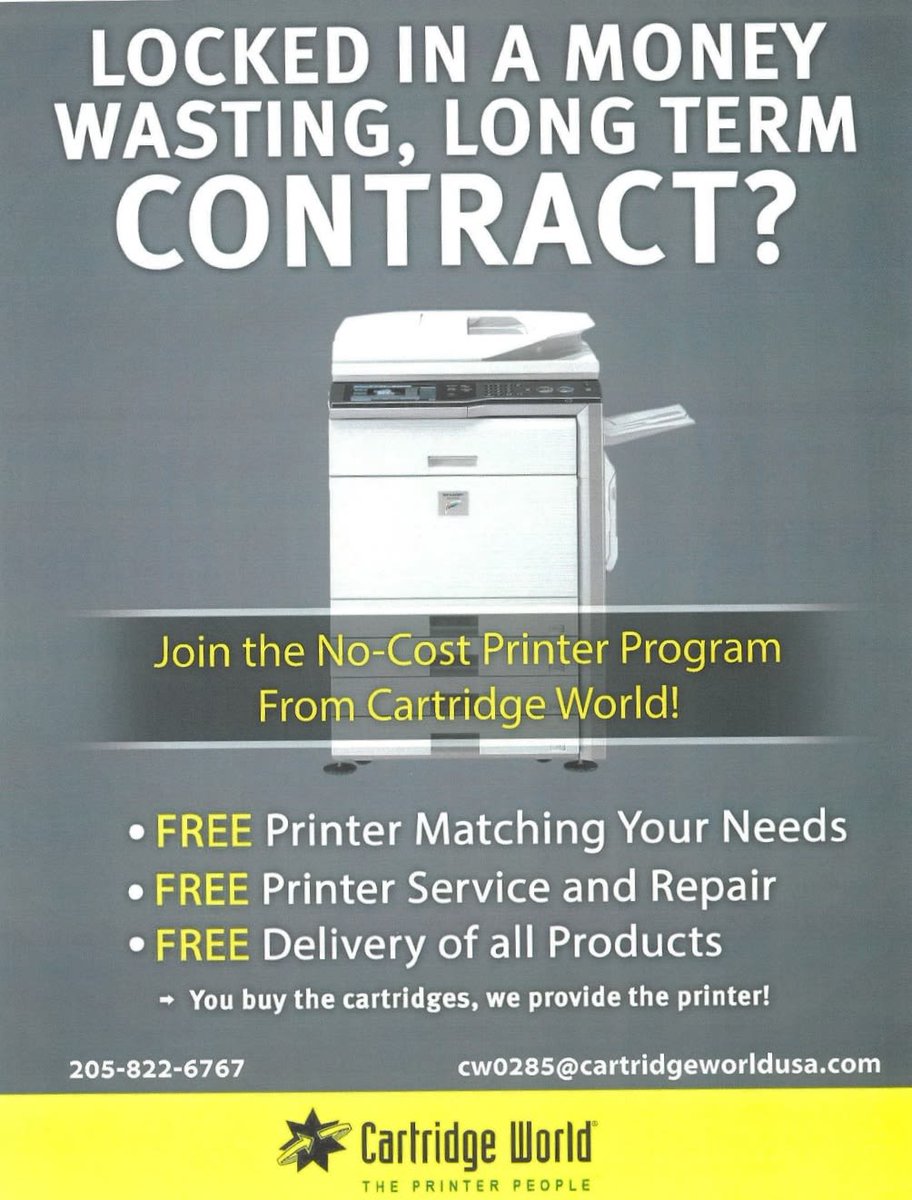 VTsantes's tweet image. Copier contract about to expire? DO NOT RENEW! Come see us for details on our exclusive No Cost Printer Program. No monthly fees, print per page charges or hidden costs! 
You'll be happy you did.
1360 Montgomery Hwy
Vestavia Hills, AL 35216
205-822-6767
#printerlease