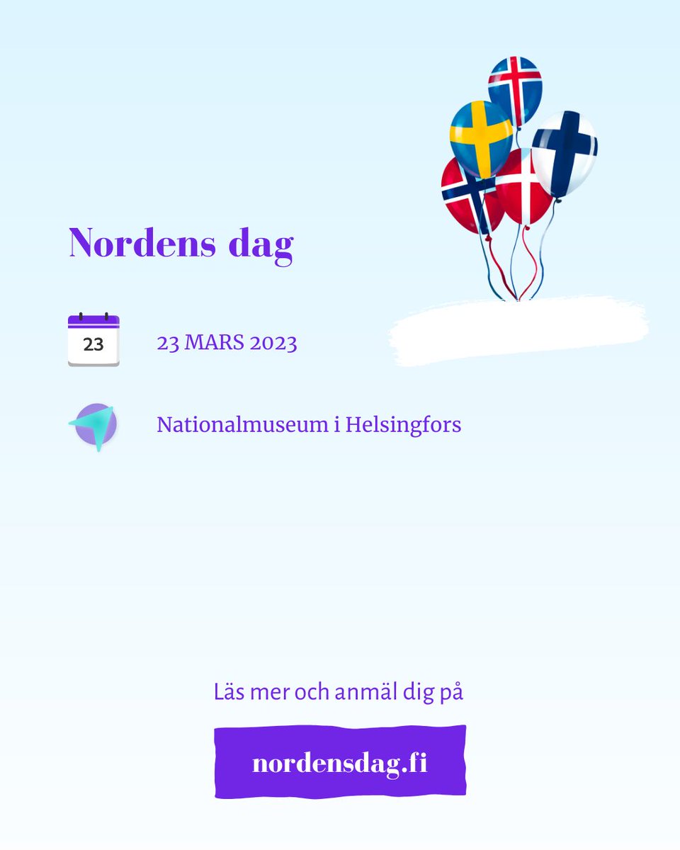 Kielilähettiläät ry, Språkambassadörerna rf (@kielilahettilas) on Twitter photo Hurdant samarbete borde Finland ha med de andra nordiska länderna? Delta i diskussioner tillsammans med politiker och ungdomar, t. ex. <a href="/Haavisto/">Pekka Haavisto</a> <a href="/ThomasBlomqvis7/">Thomas Blomqvist</a> och många andra. 🎈
Kom med och fira #NordensDag! 🇫🇮🇩🇰🇮🇸🇸🇪🇳🇴
nordensdag.fi Hurdant samarbete borde Finland ha med de andra nordiska länderna? Delta i diskussioner tillsammans med politiker och ungdomar, t. ex. <a href="/Haavisto/">Pekka Haavisto</a> <a href="/ThomasBlomqvis7/">Thomas Blomqvist</a> och många andra. 🎈
Kom med och fira #NordensDag! 🇫🇮🇩🇰🇮🇸🇸🇪🇳🇴
nordensdag.fi