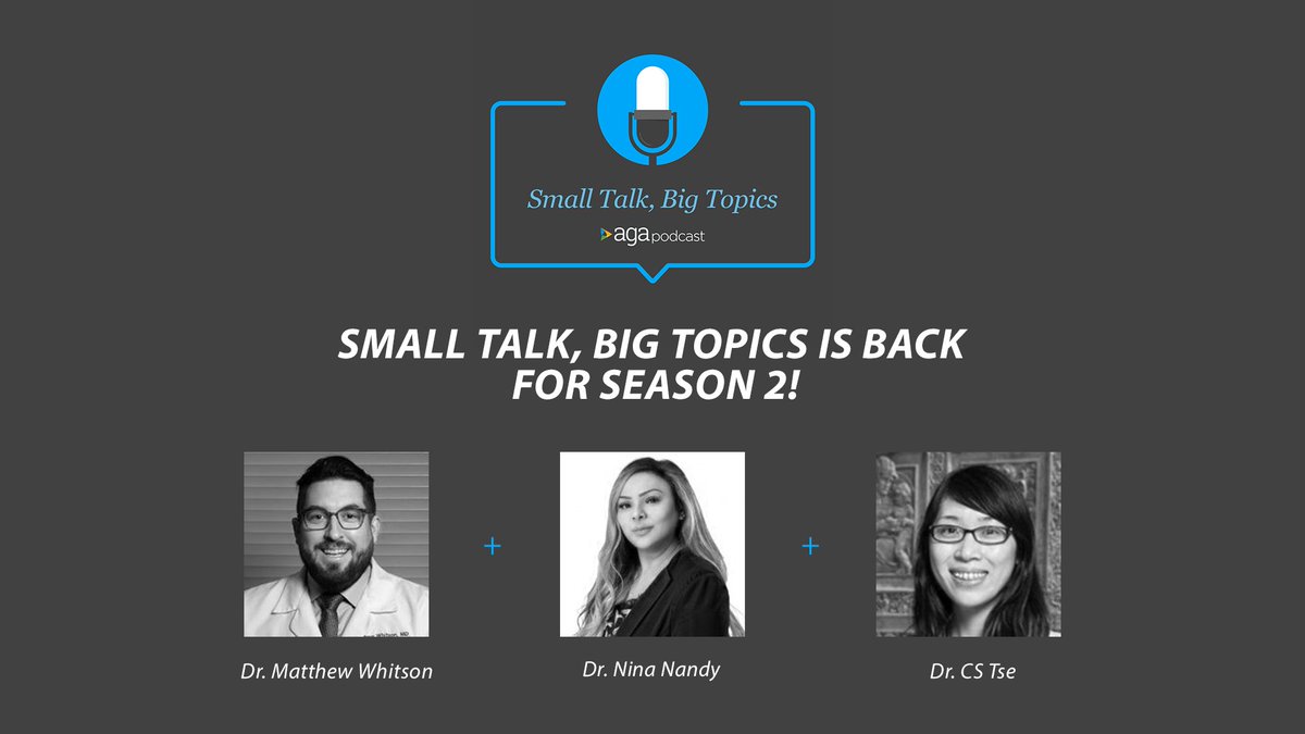 🌟GIVEAWAY🌟 #SmallTalkBigTopics is BACK for season 2️⃣ w/ hosts <a href="/MJWhitsonMD/">Matthew Whitson MD MSEd</a>, <a href="/NinaNandyMD/">Nina Nandy MD, FACG, MS, ABOM</a> &amp; <a href="/CSTseMD/">CS Tse, MD</a> &amp; we're giving away a pair of AirPods to celebrate. 

To enter: 
1️⃣ Follow <a href="/AmerGastroAssn/">American Gastroenterological Association (AGA)</a>, like &amp; RT this post. 
2️⃣ Reply w/ #SmallTalkBigTopics &amp; tag a friend to listen with!