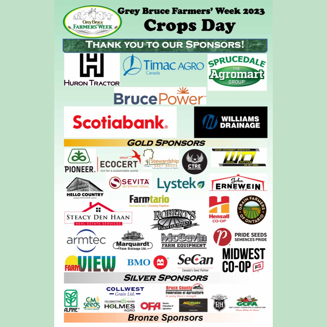 GBFarmersWeek's tweet photo. As we conduct our post-conference work, we would like to thank the #sponsors of #GBFW23 #Crops Day. Without them, this excellent conference would not take place. Thanks for supporting our program and the farmers of #GreyBruce and beyond.
#OntAg #Farm365 #Agriculture #conference https://t.co/lLUjswLvP9