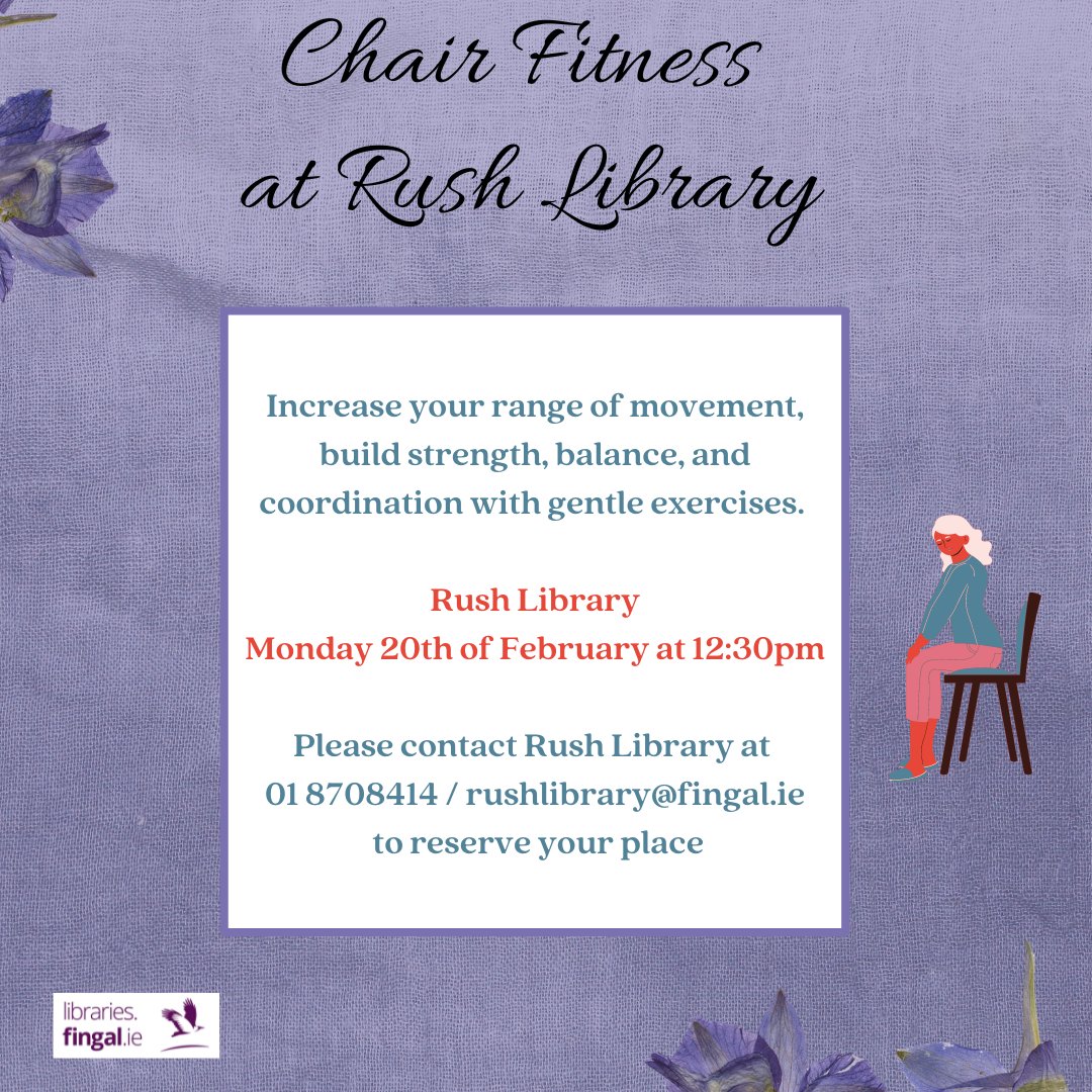 Fingal County Libraries (@fingallibraries) on Twitter photo Increase your range of movement and build strength and balance with gentle chair exercises. Please contact Rush Library to register at 01 8708414 / rushlibrary@fingal.ie
<a href="/Fingalcoco/">Fingal County Council</a> <a href="/EVENTSinFingal/">Events in Fingal</a>  <a href="/HealthyIreland/">HealthyIreland</a>  <a href="/HealthyFingal/">Healthy Fingal</a> Increase your range of movement and build strength and balance with gentle chair exercises. Please contact Rush Library to register at 01 8708414 / rushlibrary@fingal.ie
<a href="/Fingalcoco/">Fingal County Council</a> <a href="/EVENTSinFingal/">Events in Fingal</a>  <a href="/HealthyIreland/">HealthyIreland</a>  <a href="/HealthyFingal/">Healthy Fingal</a>