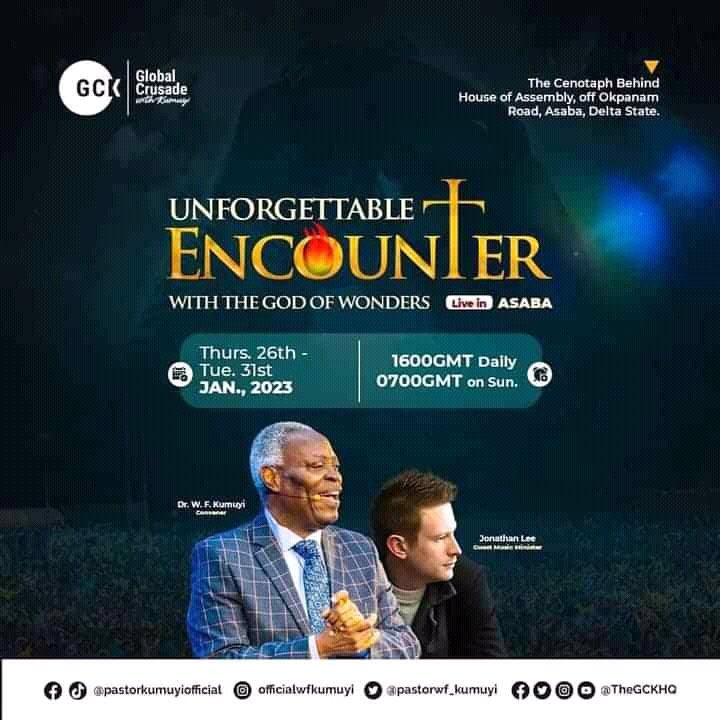 pastorwf_kumuyi's tweet photo. It is the season of Unforgettable Encounter, live from Delta State. The Lord has promised to change your story at this month’s Global Crusade. 

From tomorrow to the end of the Crusade, you will encounter Jesus and your story will Change for good! https://t.co/VioubiynQy