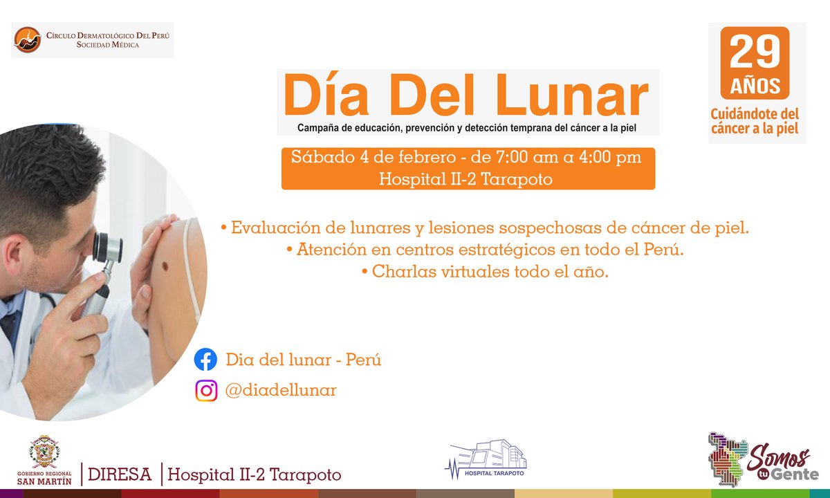 HRT_Oficial's tweet photo. El #DiadelLunar para 𝐝𝐞𝐬𝐜𝐚𝐫𝐭𝐚𝐫 𝐜𝐚́𝐧𝐜𝐞𝐫 𝐝𝐞 𝐩𝐢𝐞𝐥 se realizará en el #HospitalII2Tarapoto , 𝐞𝐥 𝐬𝐚́𝐛𝐚𝐝𝐨 𝟎4 𝐝𝐞 𝐟𝐞𝐛𝐫𝐞𝐫𝐨 𝐝𝐞 𝟕:𝟎𝟎 𝐚.𝐦. 𝐚 𝟒:𝟎𝟎 𝐩.𝐦.en los ambientes de consultorios externos. Totalmente gratuito. https://t.co/UCqcrKmRYc