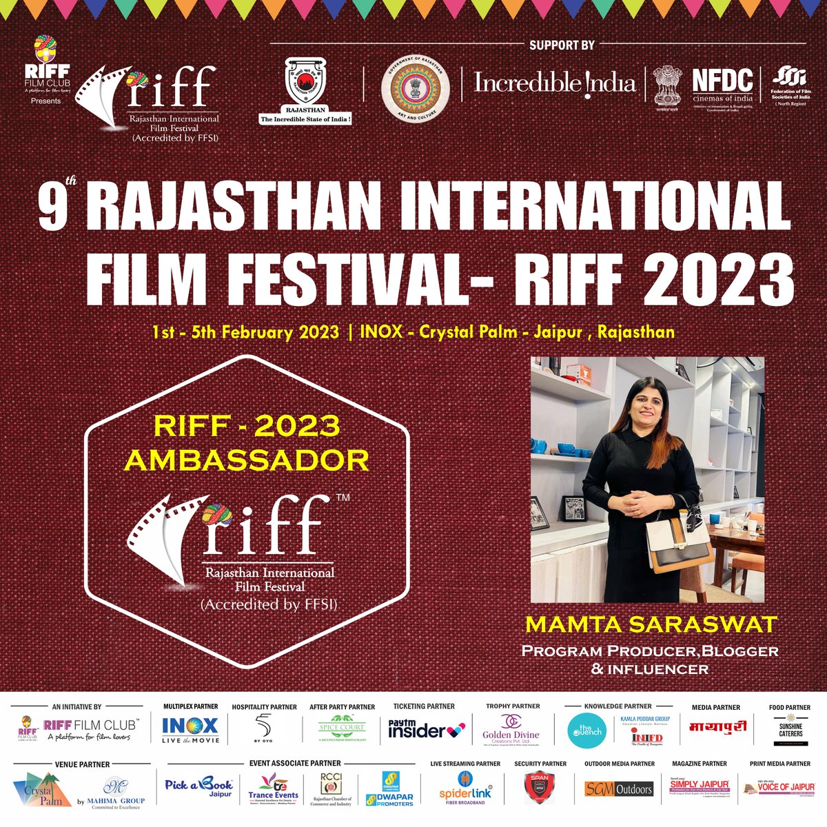 The Rajasthan International Film Festival welcomes #MamtaSaraswat as the RIFF 2023 Ambassador !

This year RIFF takes an initiative by bringing creative people on board to spread the word and promote cinema !
#RIFF2023 #RIFF2023Ambassador #RIFFAmbassador #Ambassador