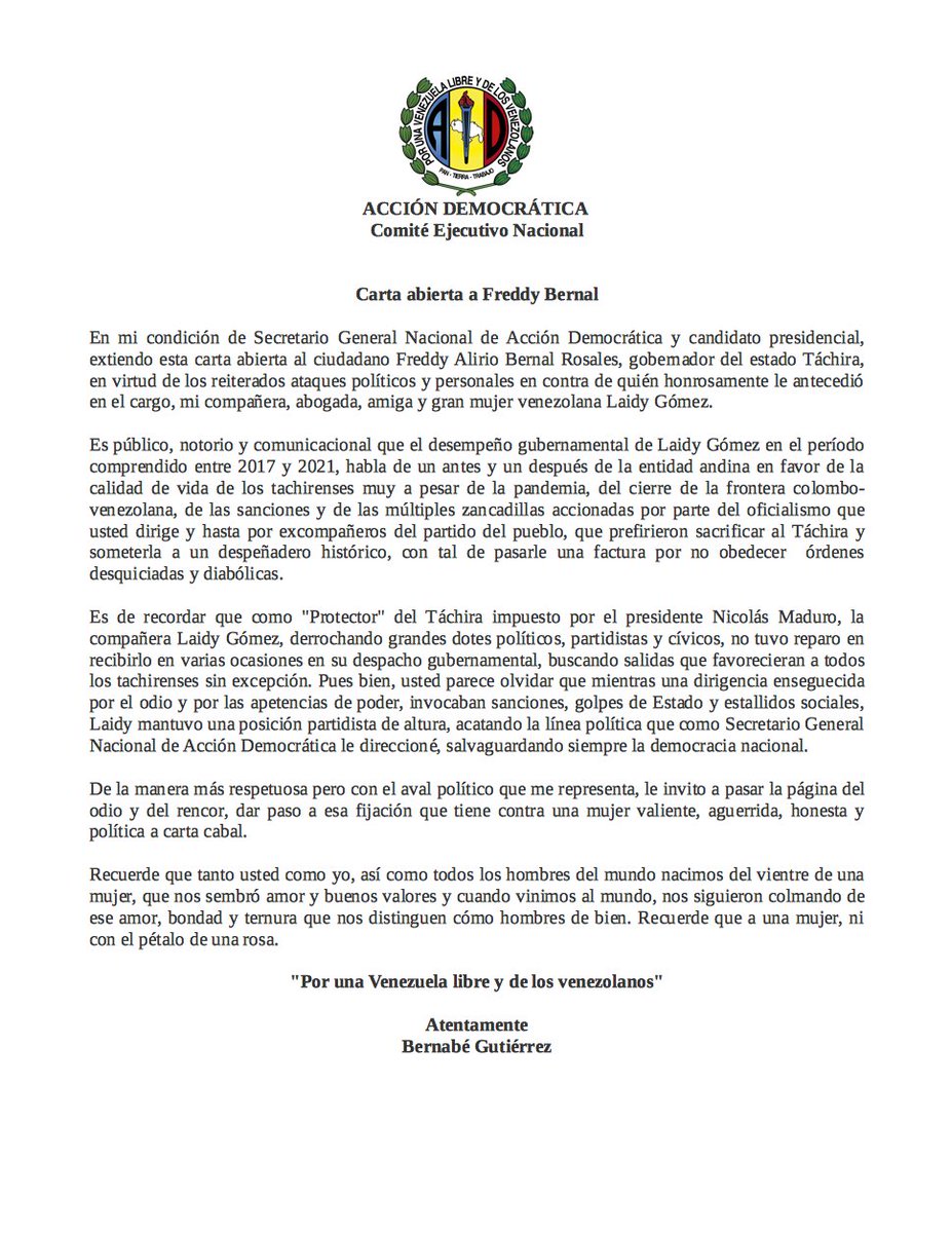 adbernabe's tweet photo. Extiendo esta carta abierta al ciudadano @FreddyBernal, gobernador del estado Táchira, en virtud de los reiterados ataques políticos y personales en contra de quién honrosamente le antecedió en el cargo, mi compañera, abogada, amiga y gran mujer venezolana @laidygomezf. https://t.co/hLBMIhAEN7