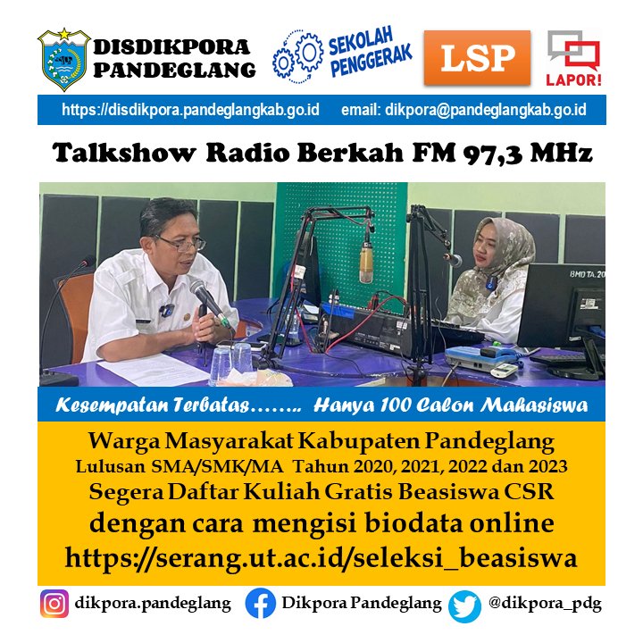 dikpora_pdg's tweet photo. Pemerintah Kabupaten Pandeglang memberikan kesempatan seluas-luasnya bagi warga masyarakat yang berdomisili di Pandeglang, merupakan anak dari keluarga tidak mampu atau kategori miskin, telah lulus pendidikan menengah (SMA/SMK/MA) berijazah tahun 2020, 2021, 2022 atau 2023. https://t.co/HLKWCbXxod