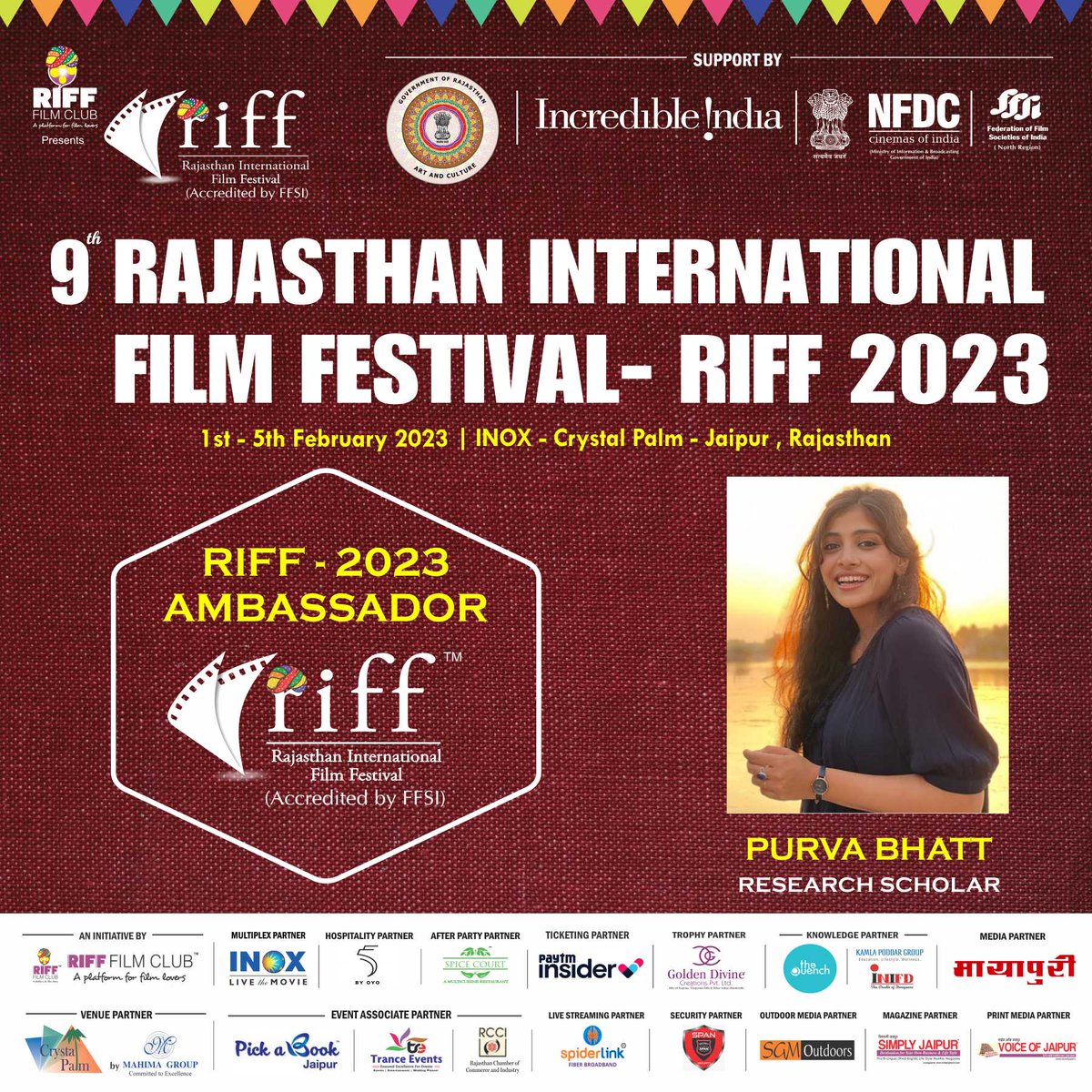 The Rajasthan International Film Festival welcomes #PurvaBhatt as the RIFF 2023 Ambassador !

This year RIFF takes an initiative by bringing creative people on board to spread the word and promote cinema !
#RIFF2023 #RIFF2023Ambassador #RIFFAmbassador #Ambassador