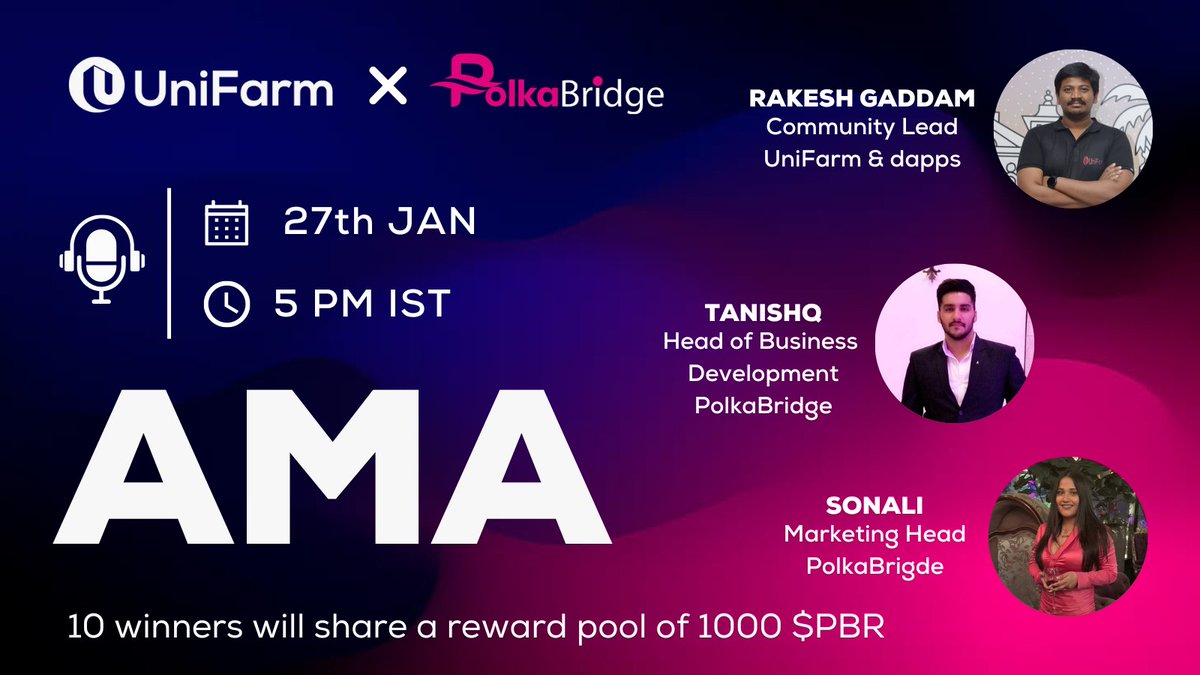 Hola UniFarmers,
<a href="/realpolkabridge/">PolkaBridge</a> has launched their Decentralized P2P Testnet v4.0🚀

💰Rewards: 1000 $PBR for 10 best questions

Get ready for insight building #AMA and comment your questions🧑‍💻

📍Venue:t.me/unifarm
 
✅Follow
<a href="/unifarm_/">UniFarm 🌩️</a> &amp; <a href="/realpolkabridge/">PolkaBridge</a> 
✅RT&amp;Share