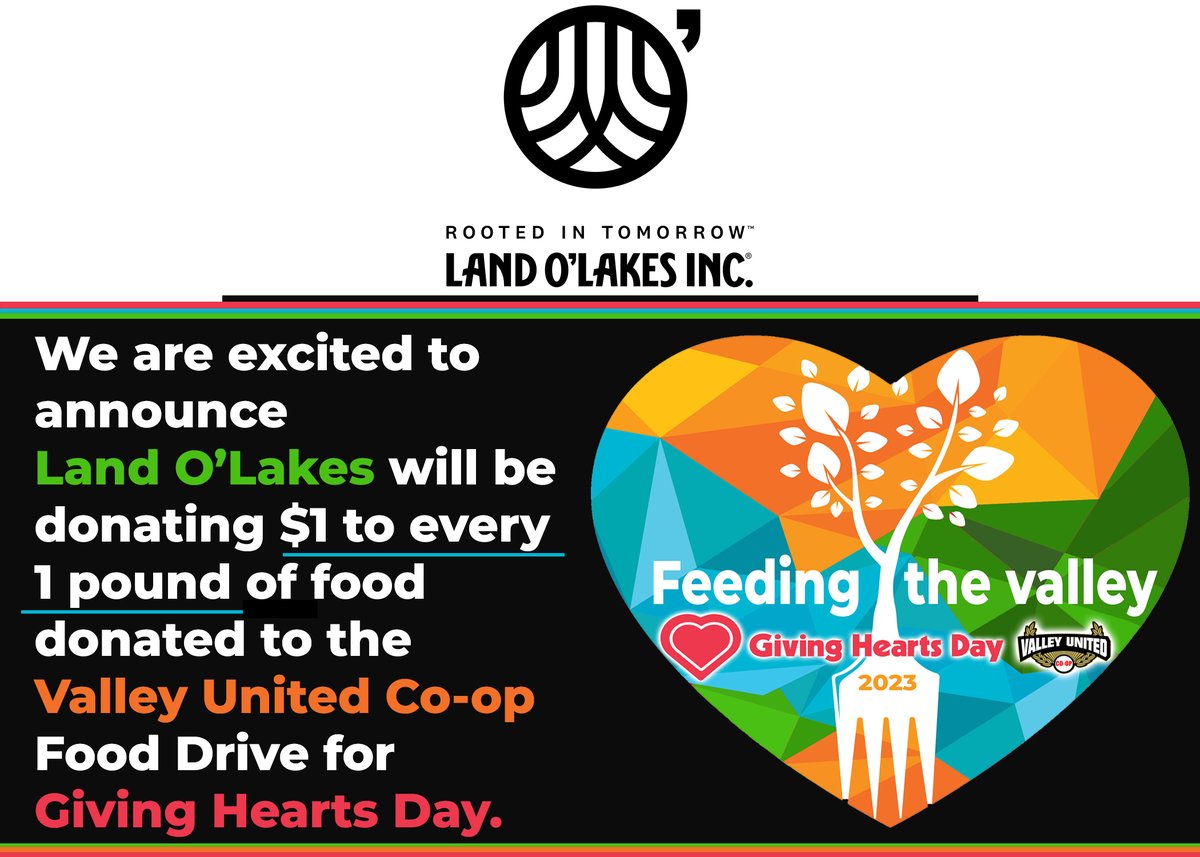 Today is the day! 😎Valley United's Food Drive starts today! If you would like to, generously, donate, we are accepting items at any of our Valley United locations.
BUT WAIT-there's more! 
Land O'Lakes will be donating $1 per pound donated to the drive. 
valleyunited.ag/about/giving-h…
