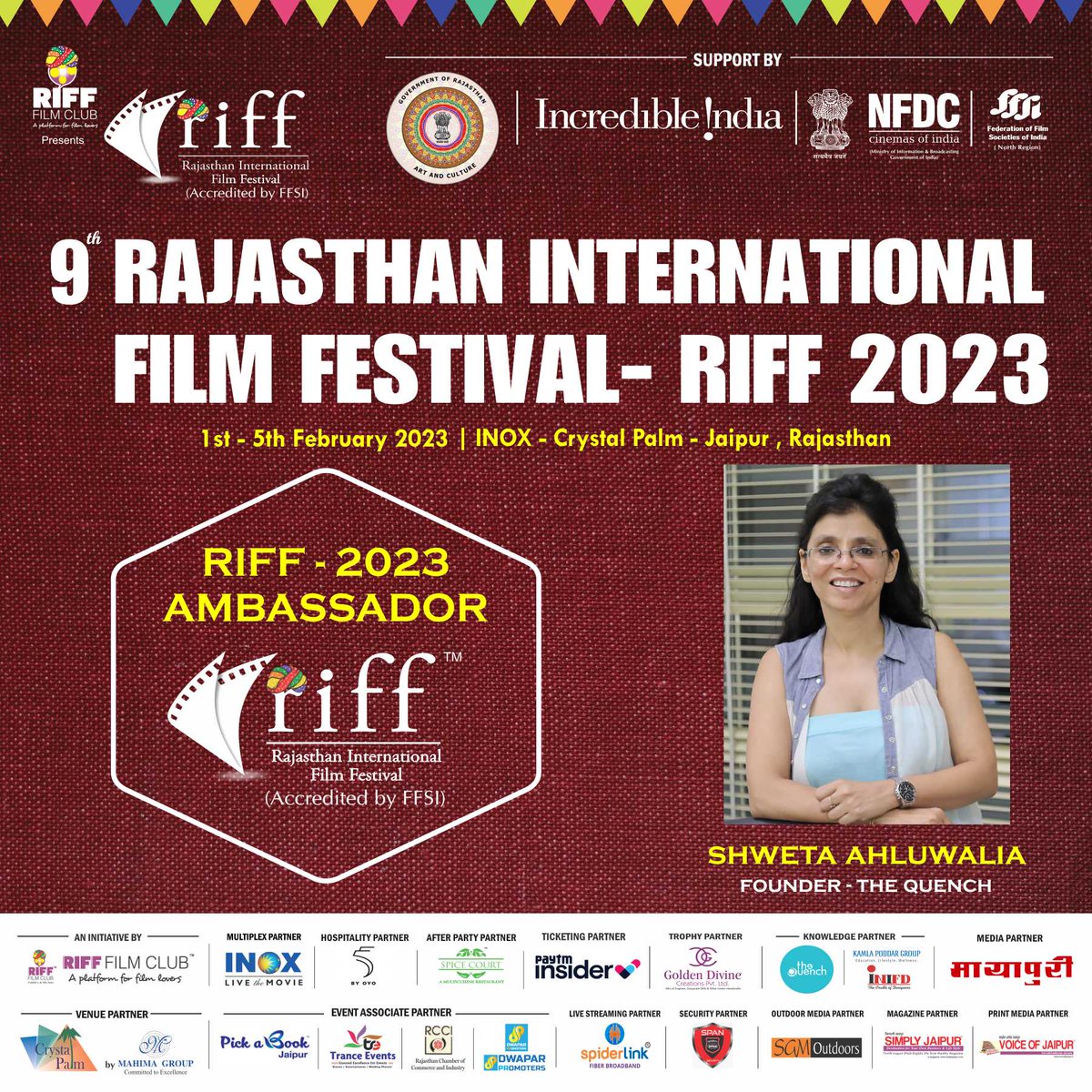 The Rajasthan International Film Festival welcomes #ShwetaAhluwalia Adaa Shweta as the RIFF 2023 Ambassador !

This year RIFF takes an initiative by bringing creative people on board to spread the word and promote cinema !
#RIFF2023 #RIFF2023Ambassador #RIFFAmbassador #Ambassador
